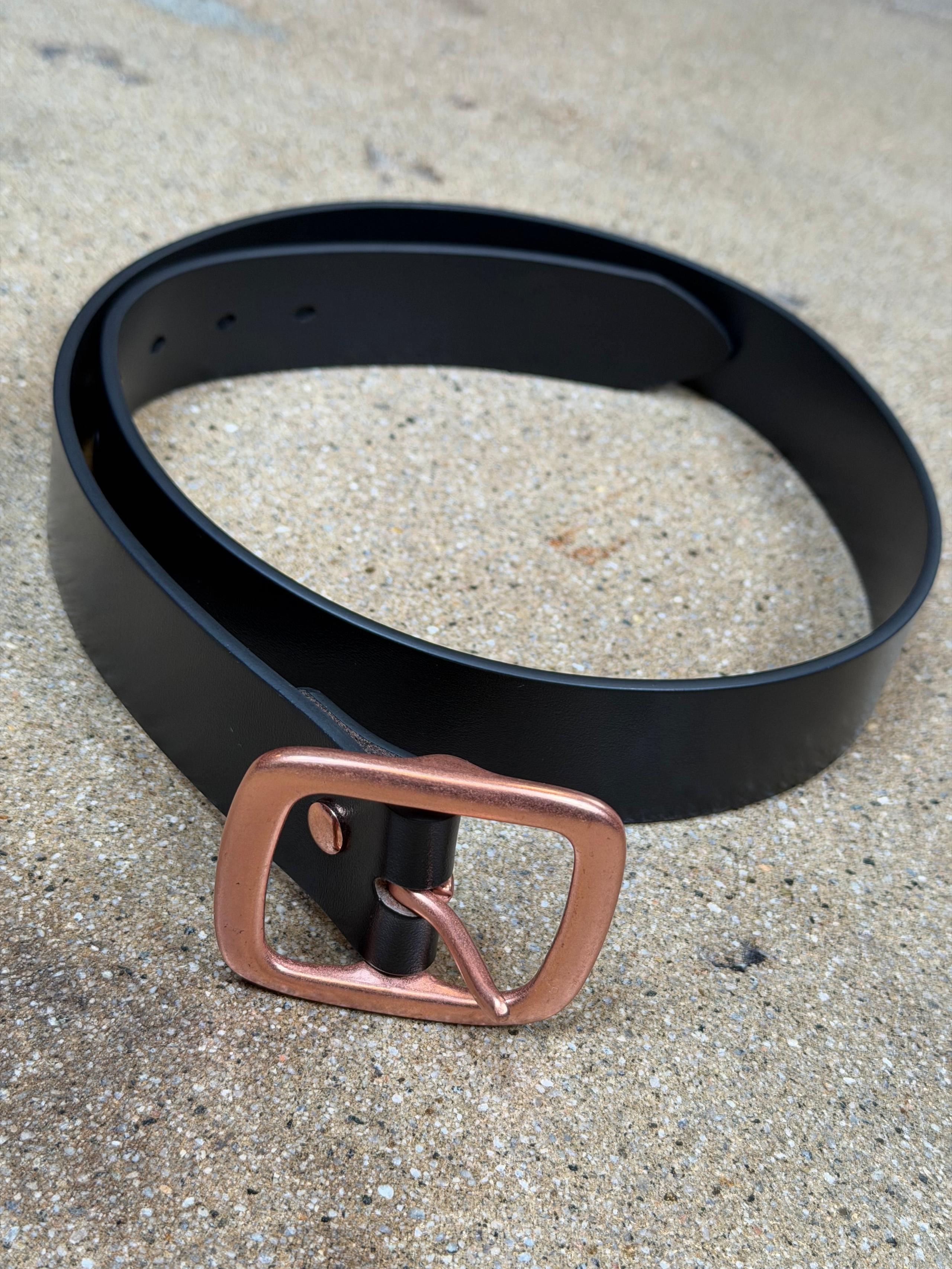 Single Prong Copper Garrison Buckle Leather Belt Full Dyed Black