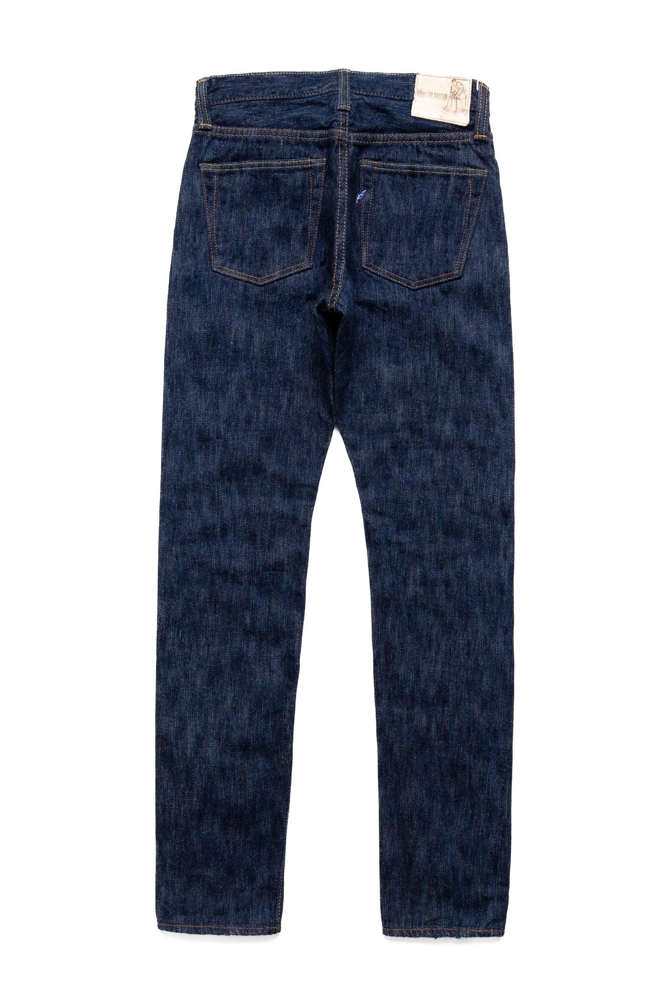 KS-15oz-019 Kasuri Denim Relax Tapered Jeans Blue In Green Version