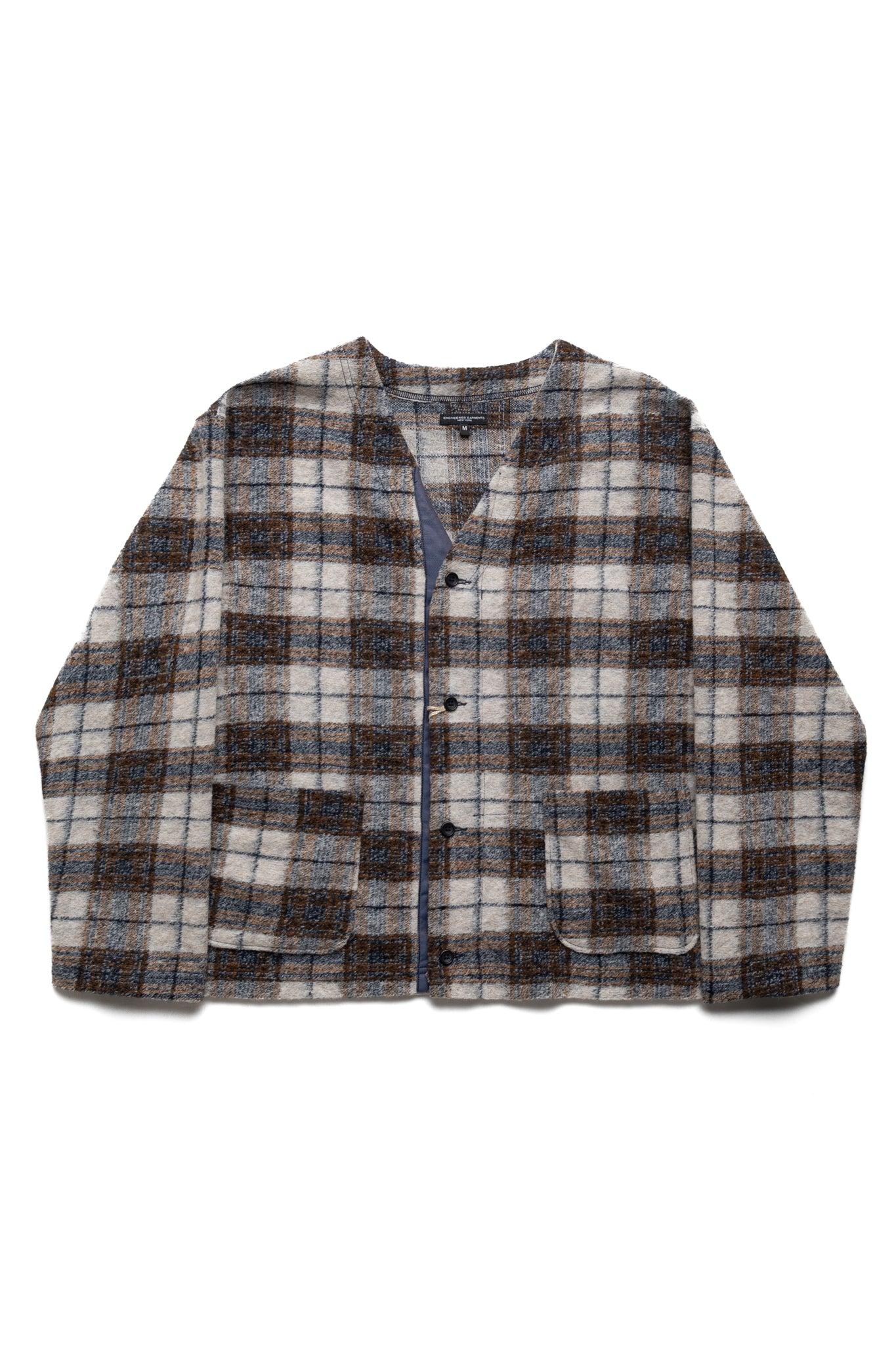 Knit Cardigan Poly Wool Knit Plaid - Khaki/Navy