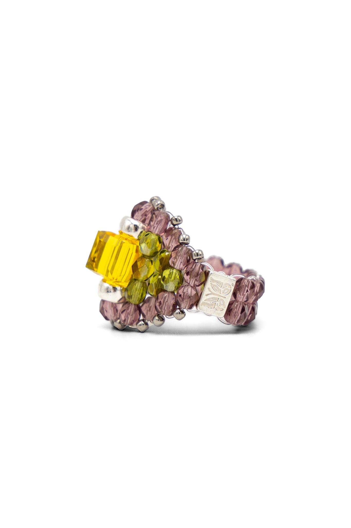 x Tie A Knot Square Crystal Beads Ring - Yellow x Purple