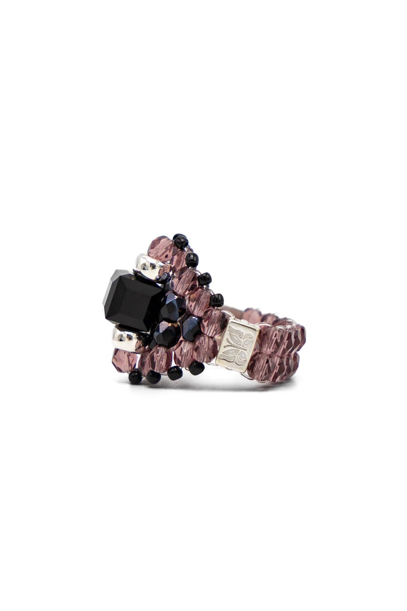 x Tie A Knot Square Crystal Beads Ring - Black x Purple