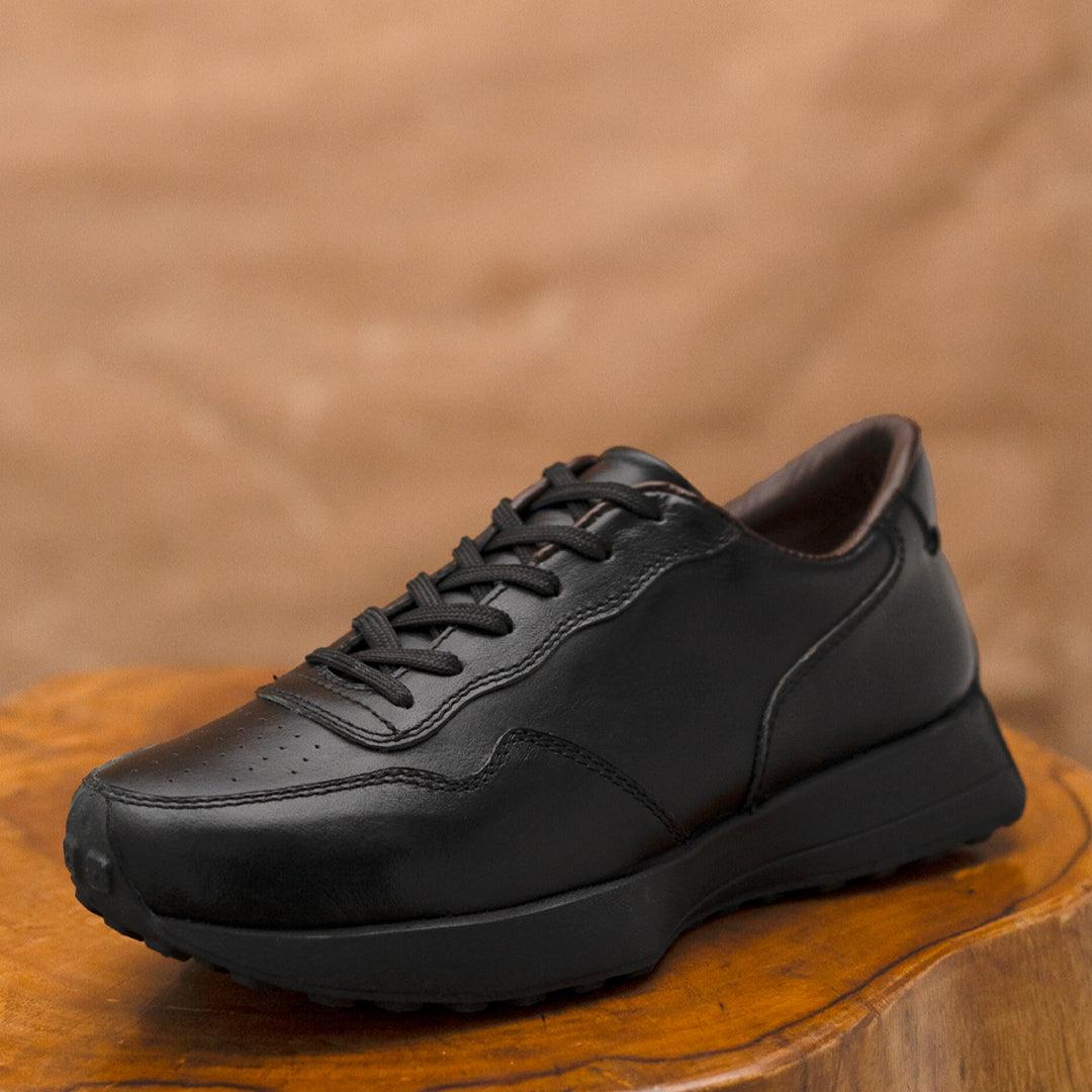Old Skool Retro Leather Sneakers (Raven Black With Black Sole)