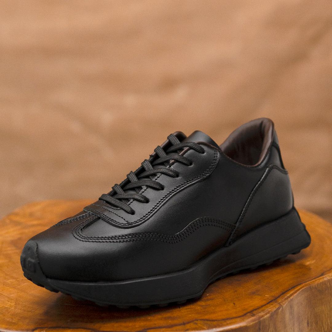 Classic Retro Leather Sneakers (Raven Black With Black Sole)