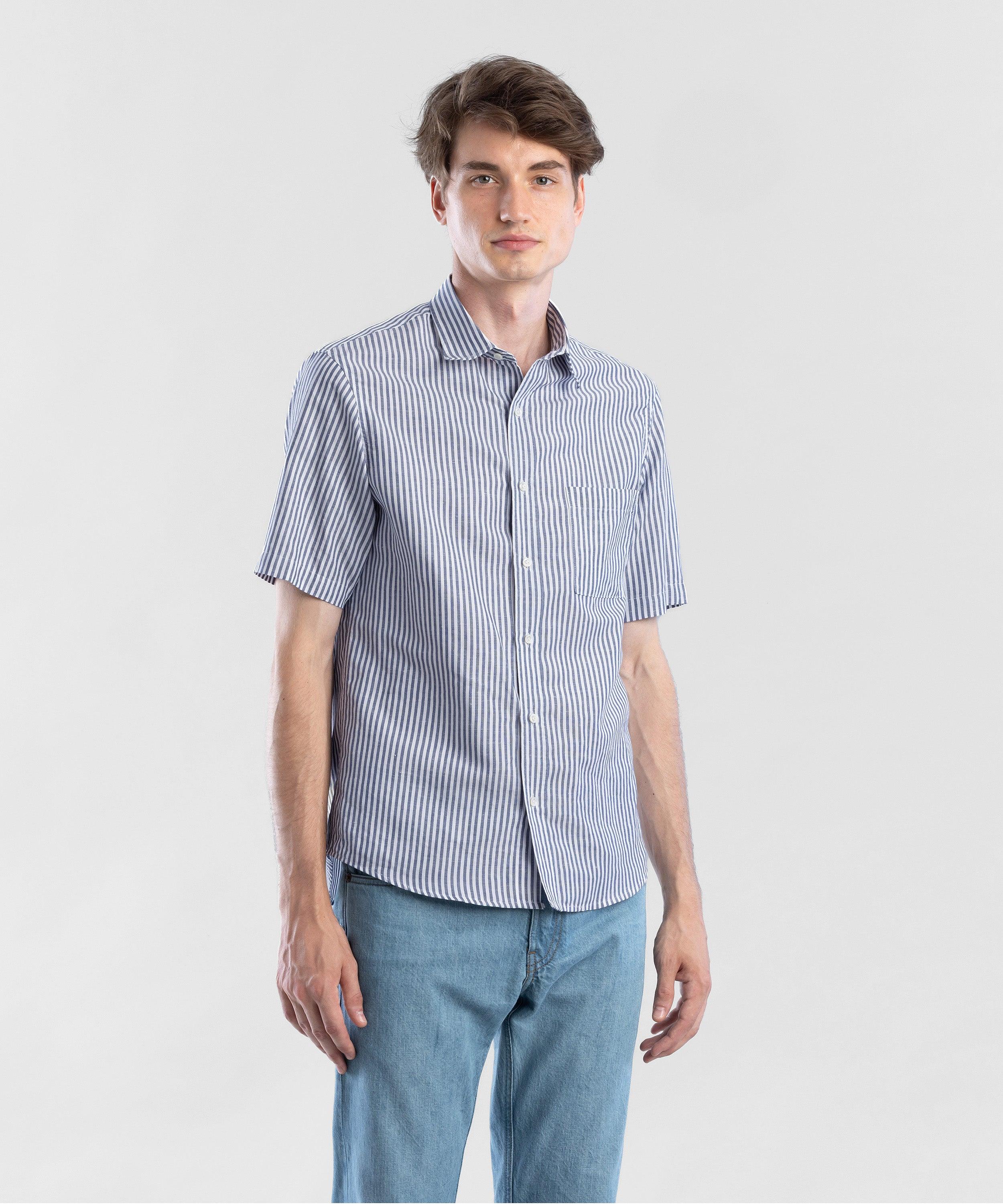 Hemp 130 Navy stripe Men's Short Sleeve Button-up Shirt