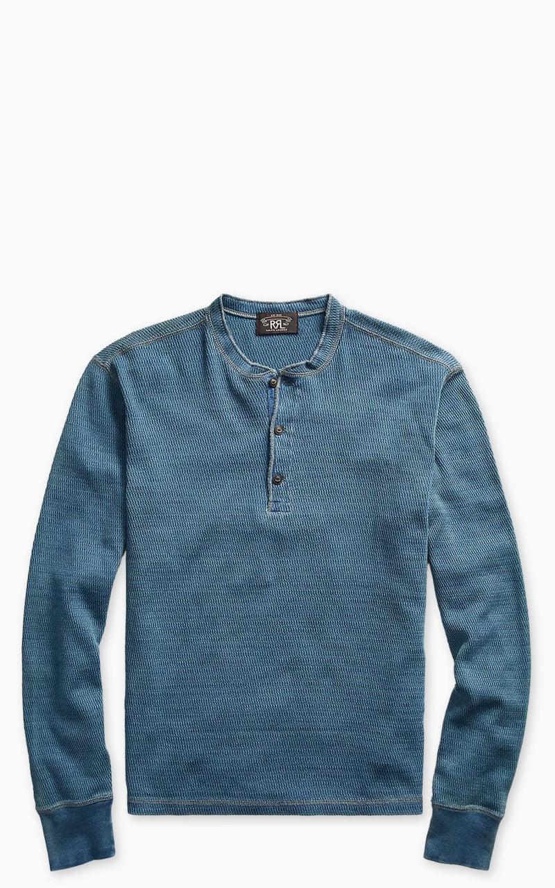 Indigo Jacquard-Knit L/S Henley Washed Blue Indigo