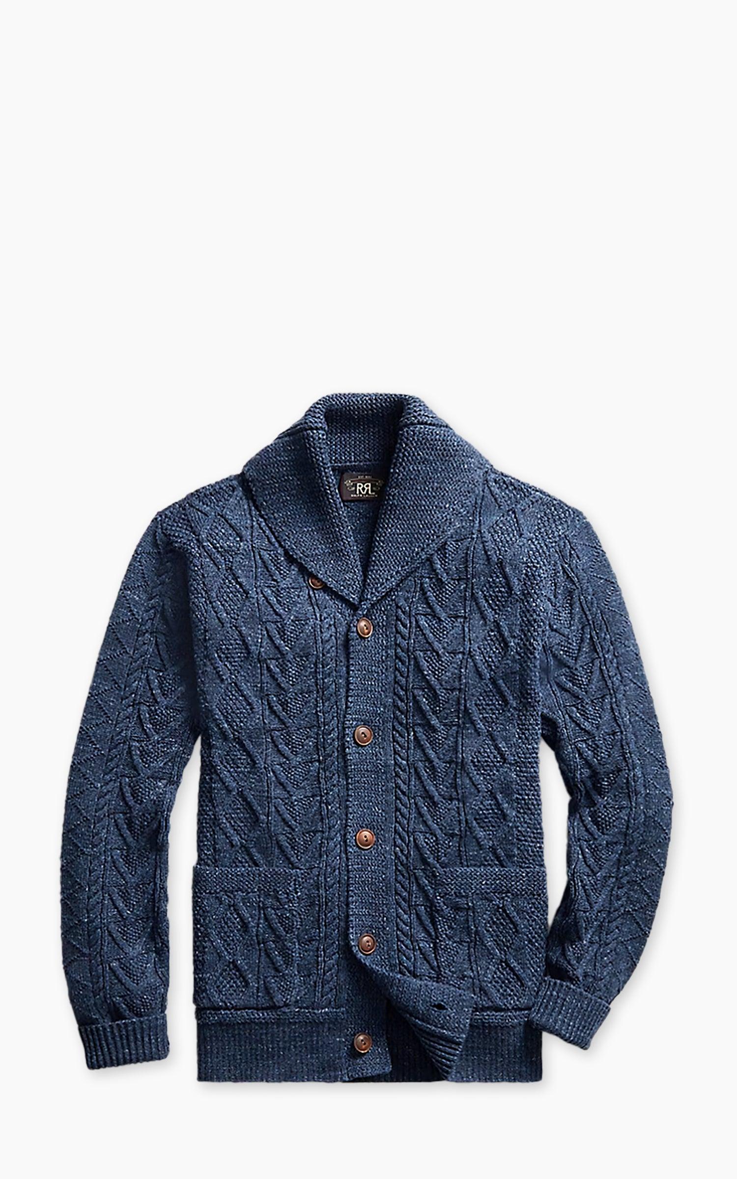 Aran-Knit Cotton Cardigan Navy Heather