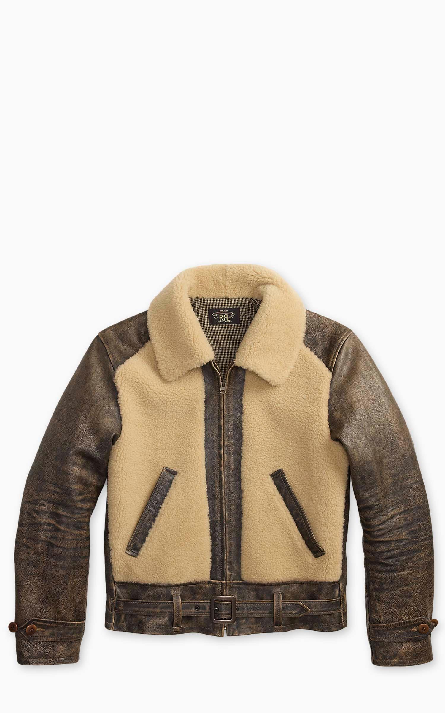 Shearling Panel Leather Jacket Vintage Brown