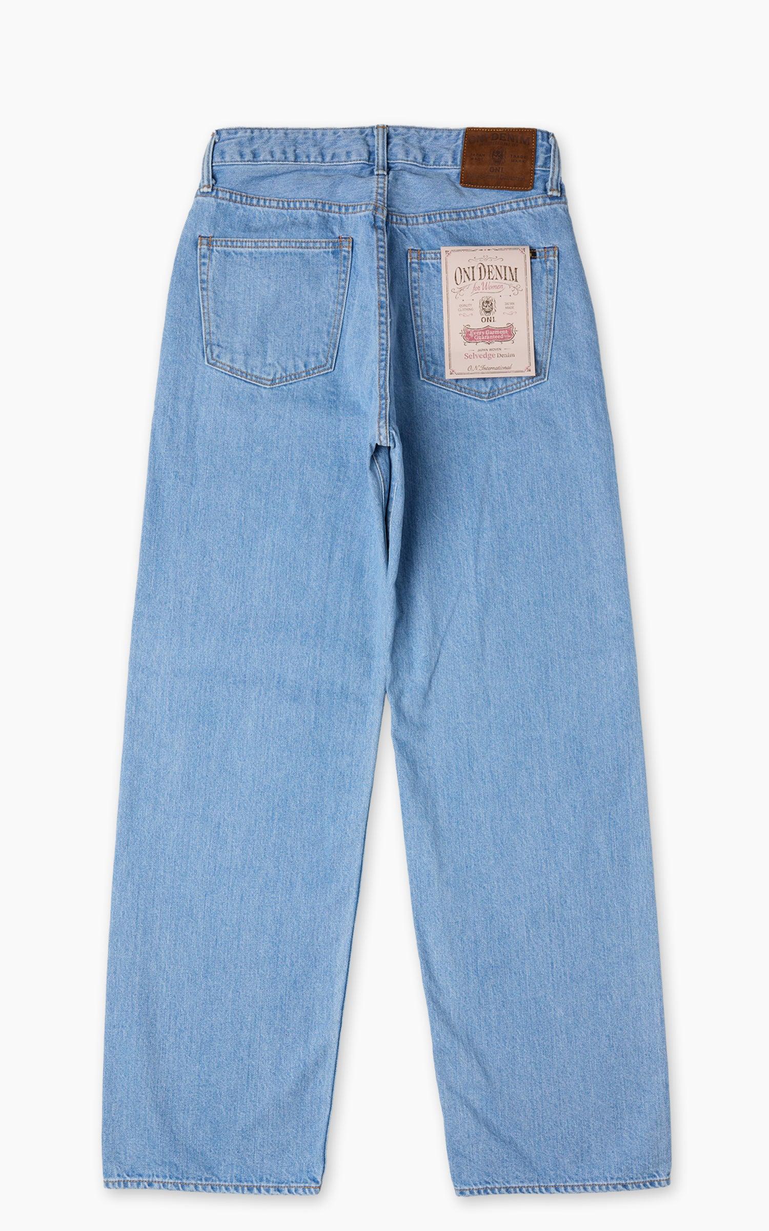 L720-12Z Bio Stone Bleach Ladies Wide Straight Selvedge Denim Indigo 12oz