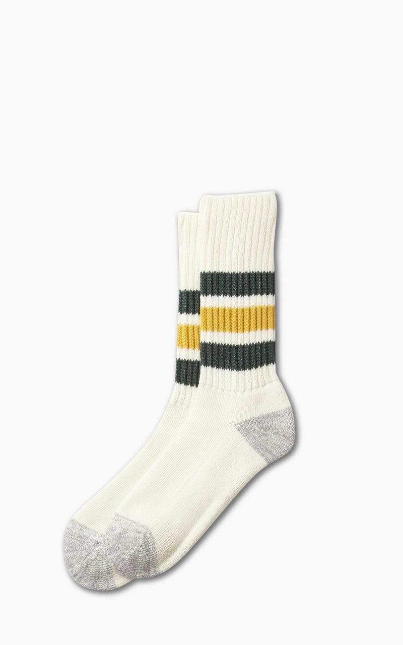 R1255 Coarse Ribbed Oldschool Crew Socks Dark Green/Yellow