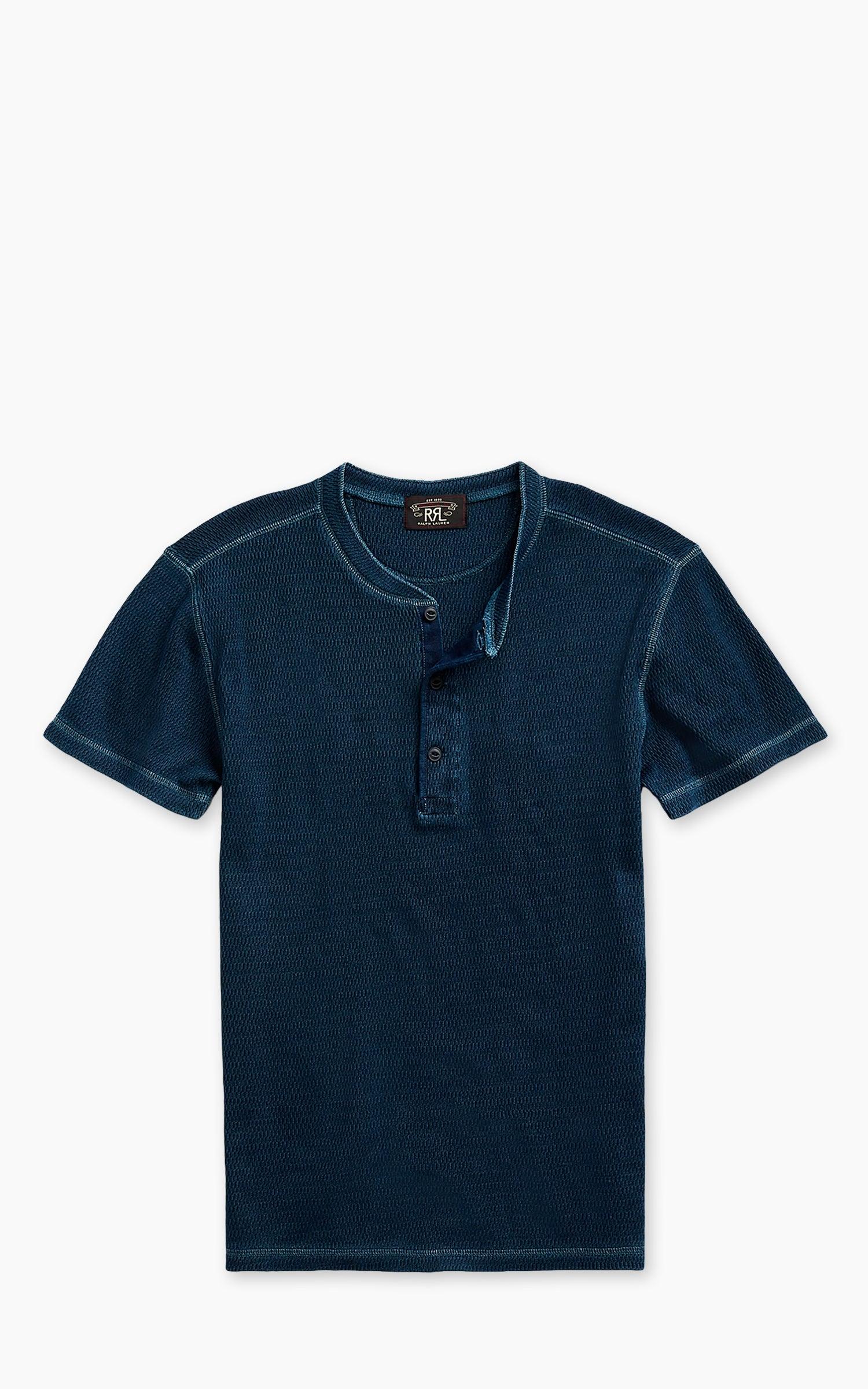 Waffle-Knit Short-Sleeve Henley Shirt Rinsed Blue Indigo