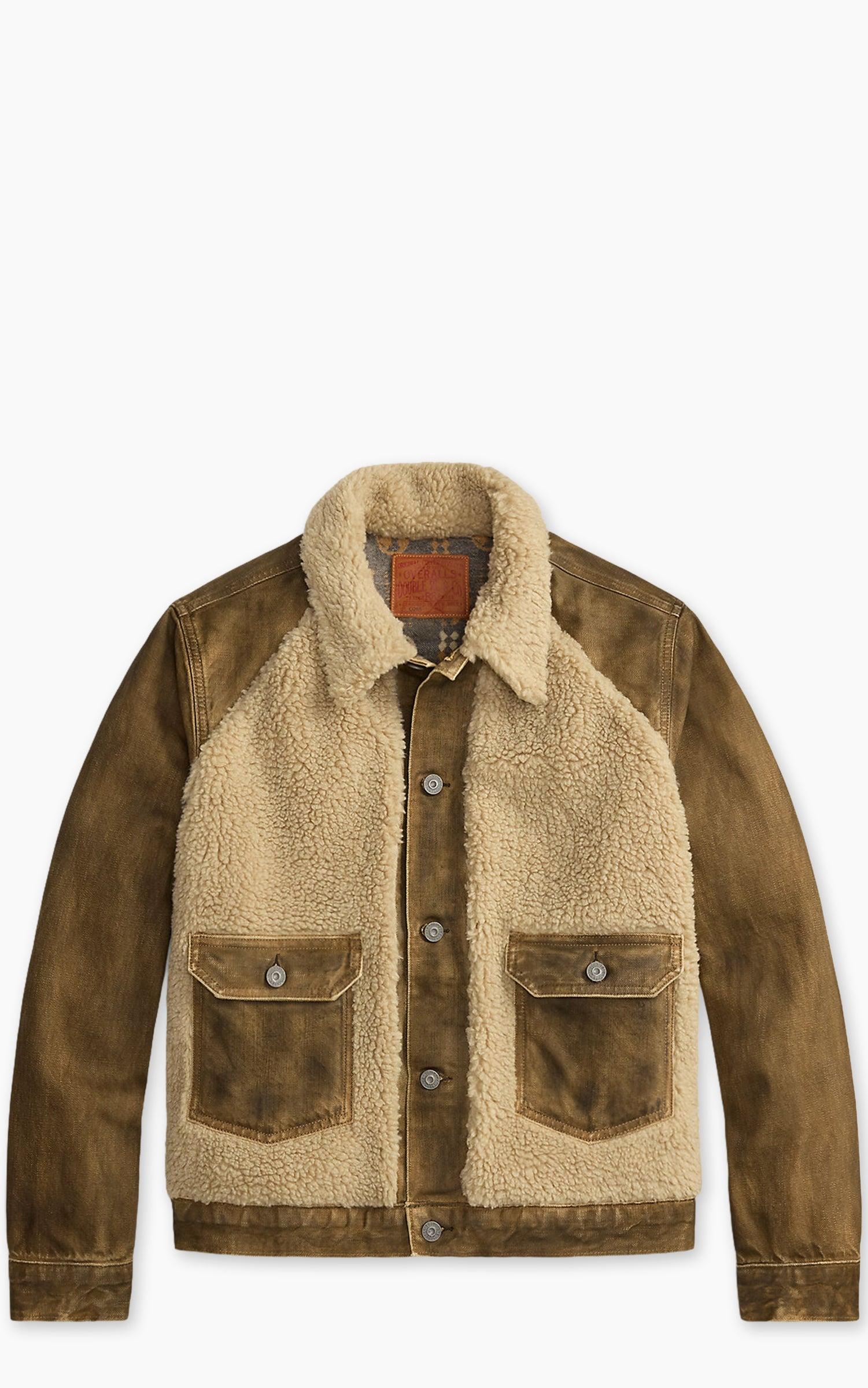 Fleece-Panel Denim Trucker Jacket Distressed Brown