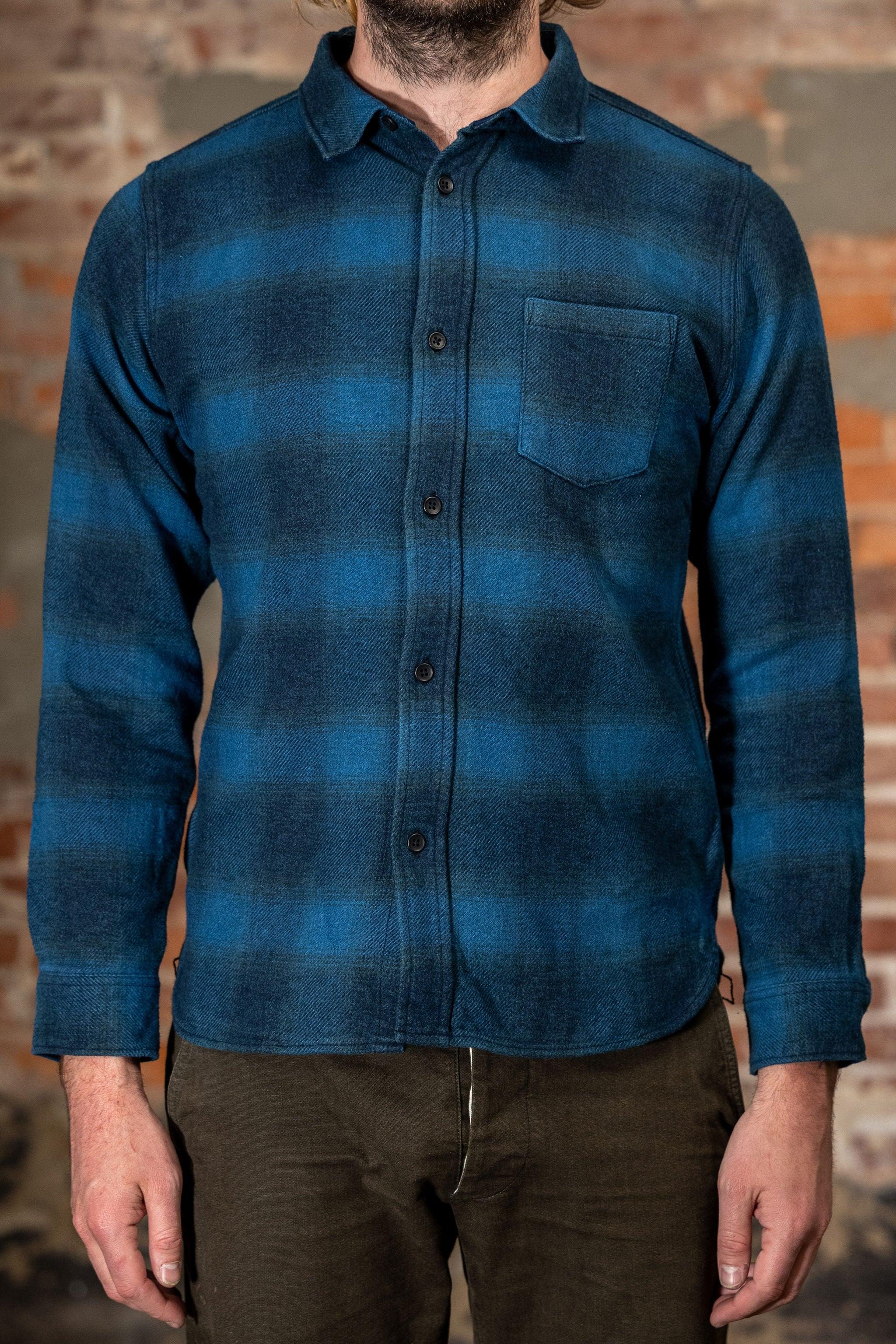 2235-BE Tweed Check  Shirt - Beige Indigo Overdye