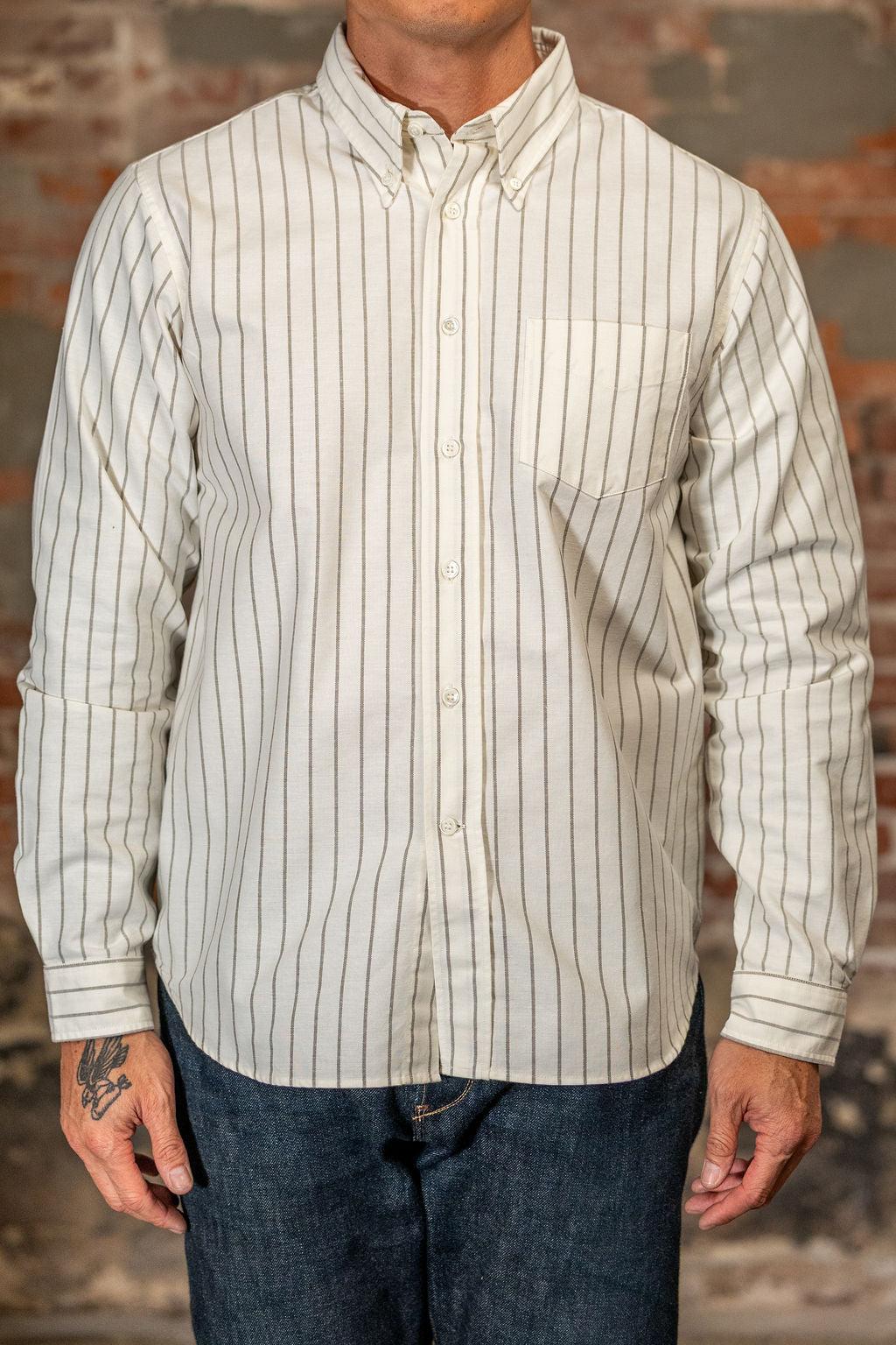 "Beefy" Cotton Oxford - Bone & Olive Stripe