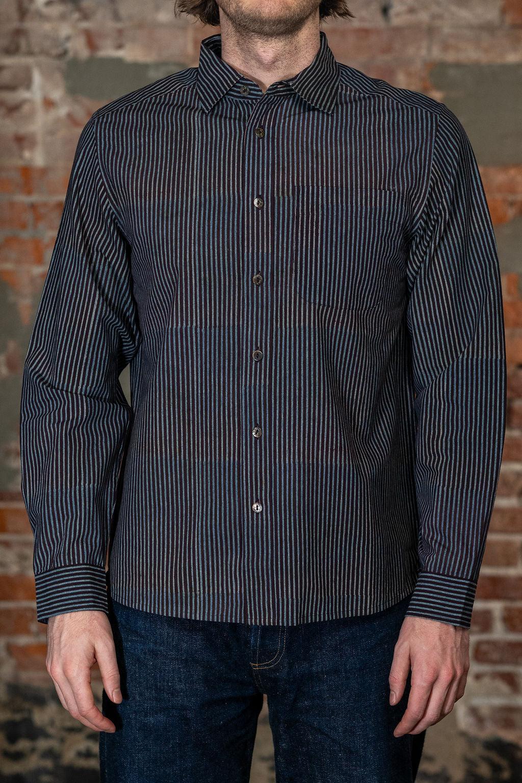Matty Shirt - Iron/Indigo Handwoven Kala Cotton Block Print Stripe