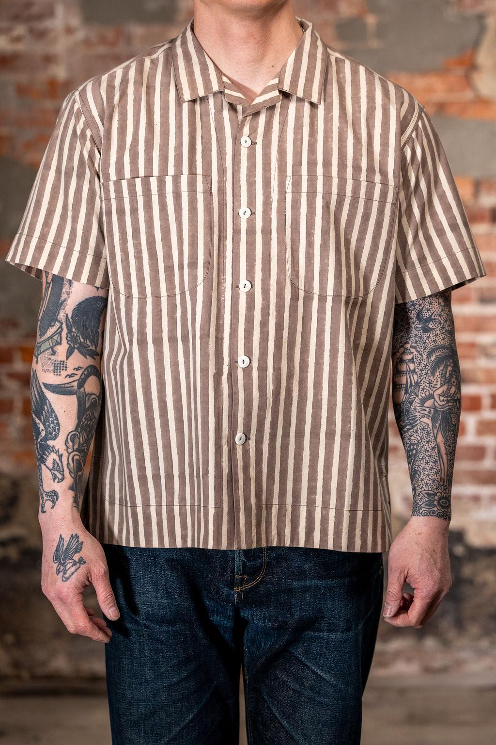 Lake Camp Shirt - Organic Cotton Sheeting Black Print Stripe Iron Grey/Natural