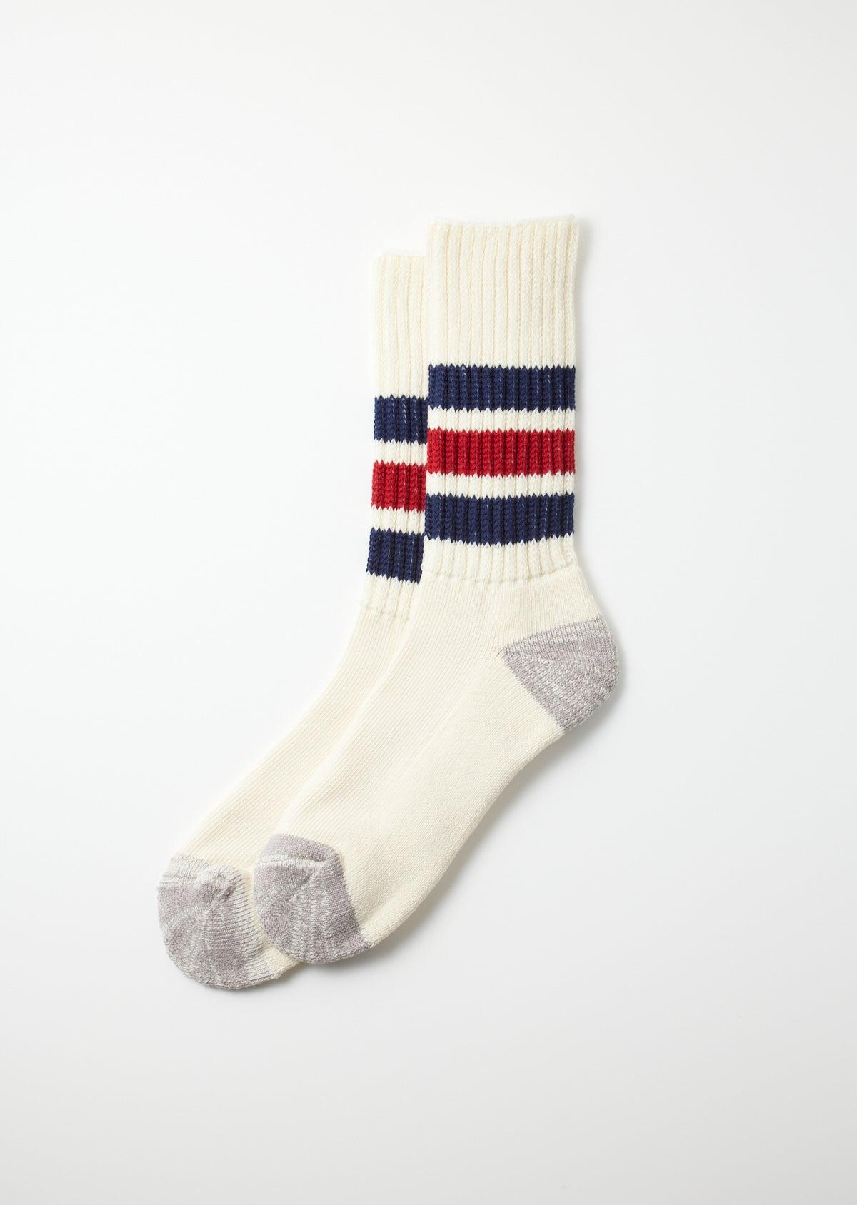 ROTOTO R1255 Coarse Ribbed Old School Crew Socks - Navy/Dark Red Stripe