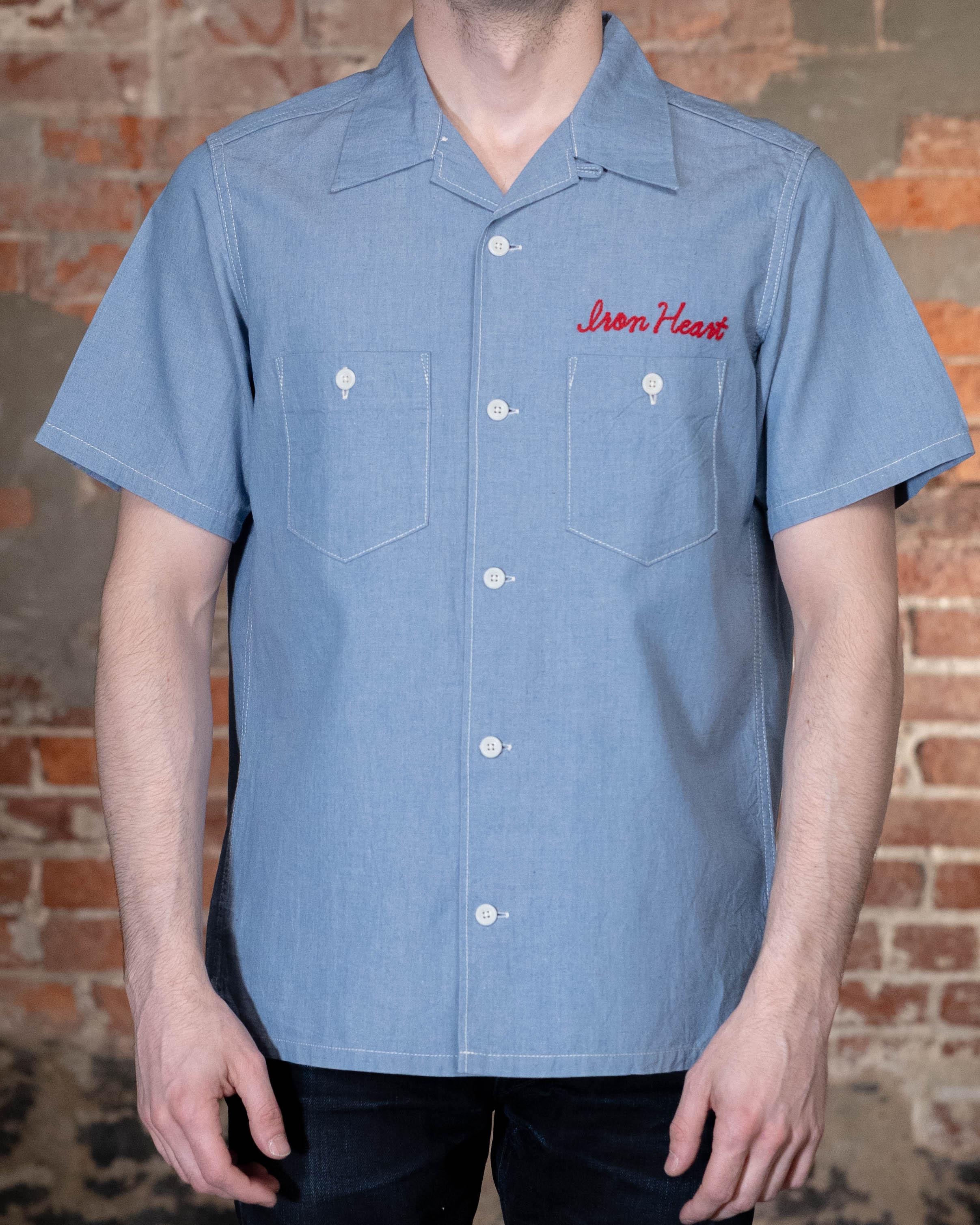 IHSH-447-SAX Iron Heart 5oz Cotton Linen Open Collar Short Sleeve Shirt - Sax Blue