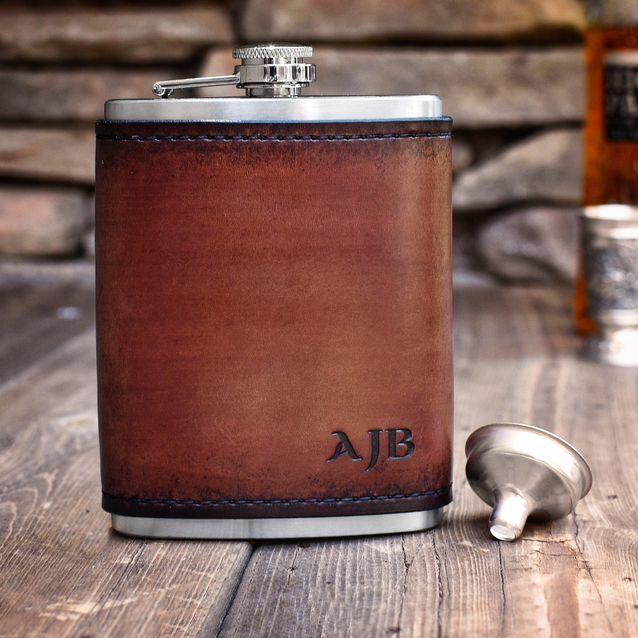 Leather Wrapped Flask with Monogram