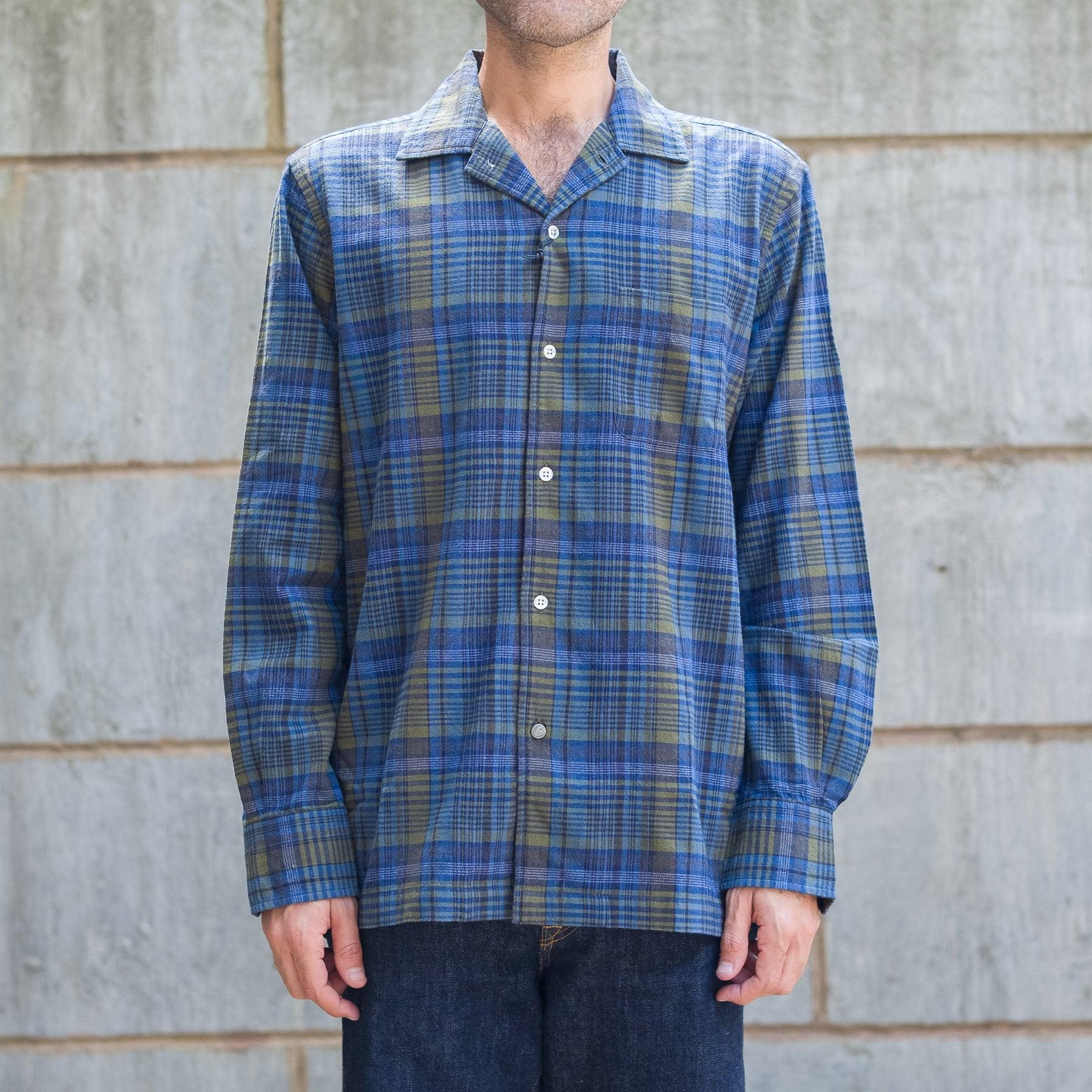 No242 Camp Collar Winter Madras Shirt in Indigo Olive Check