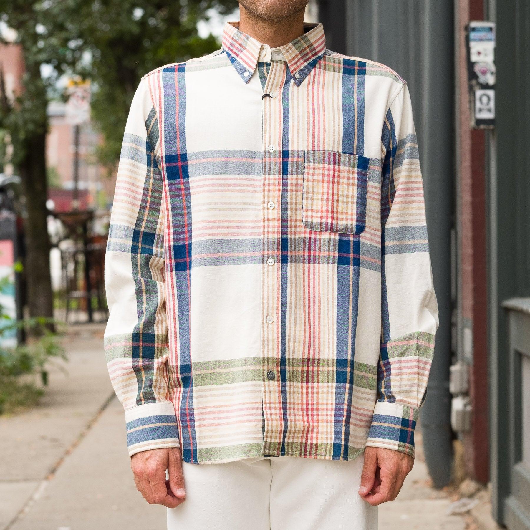 No5 Button Down Stout Weave in Natural Blue Check