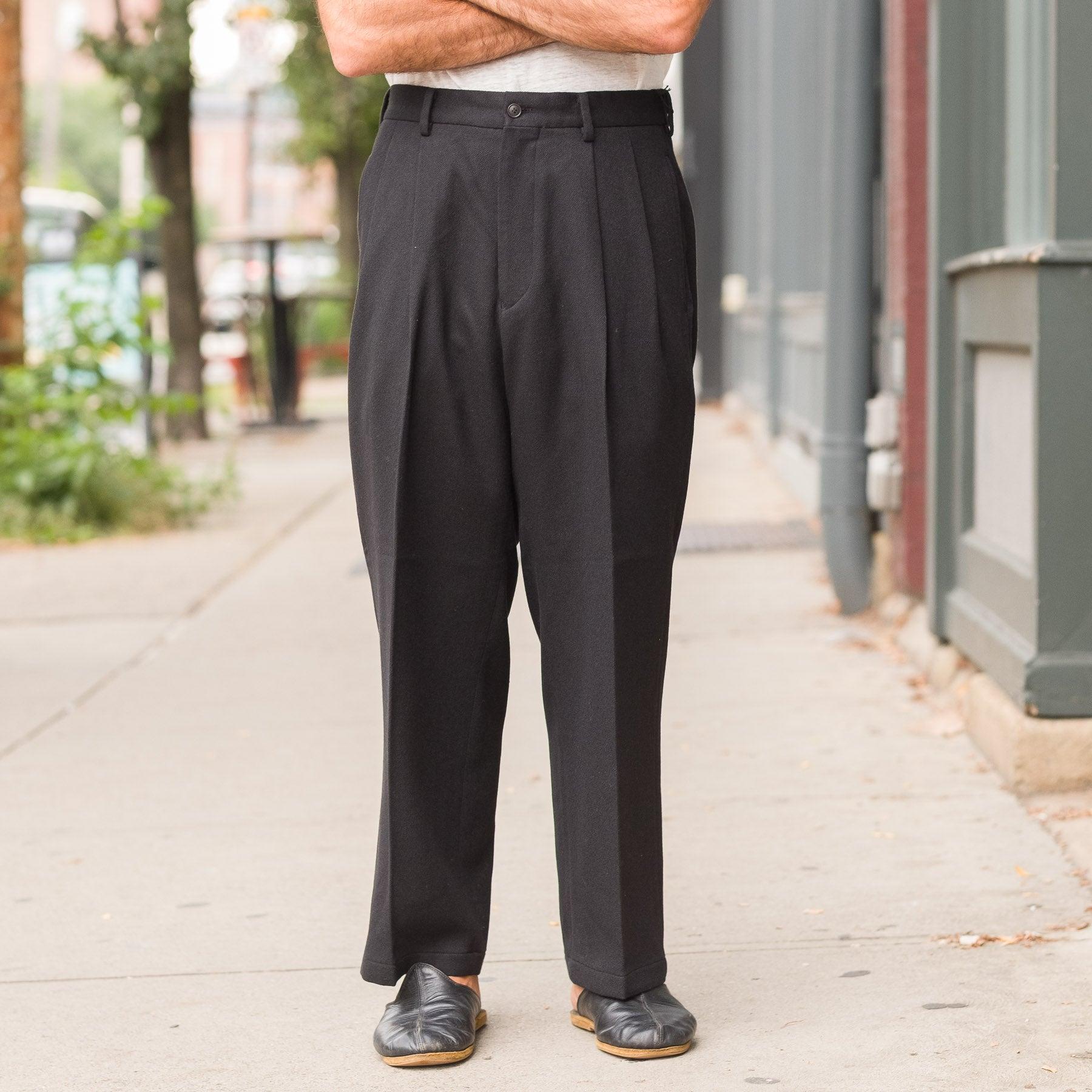 Double Pleated Cotton Wool Hemp Trousers in Black
