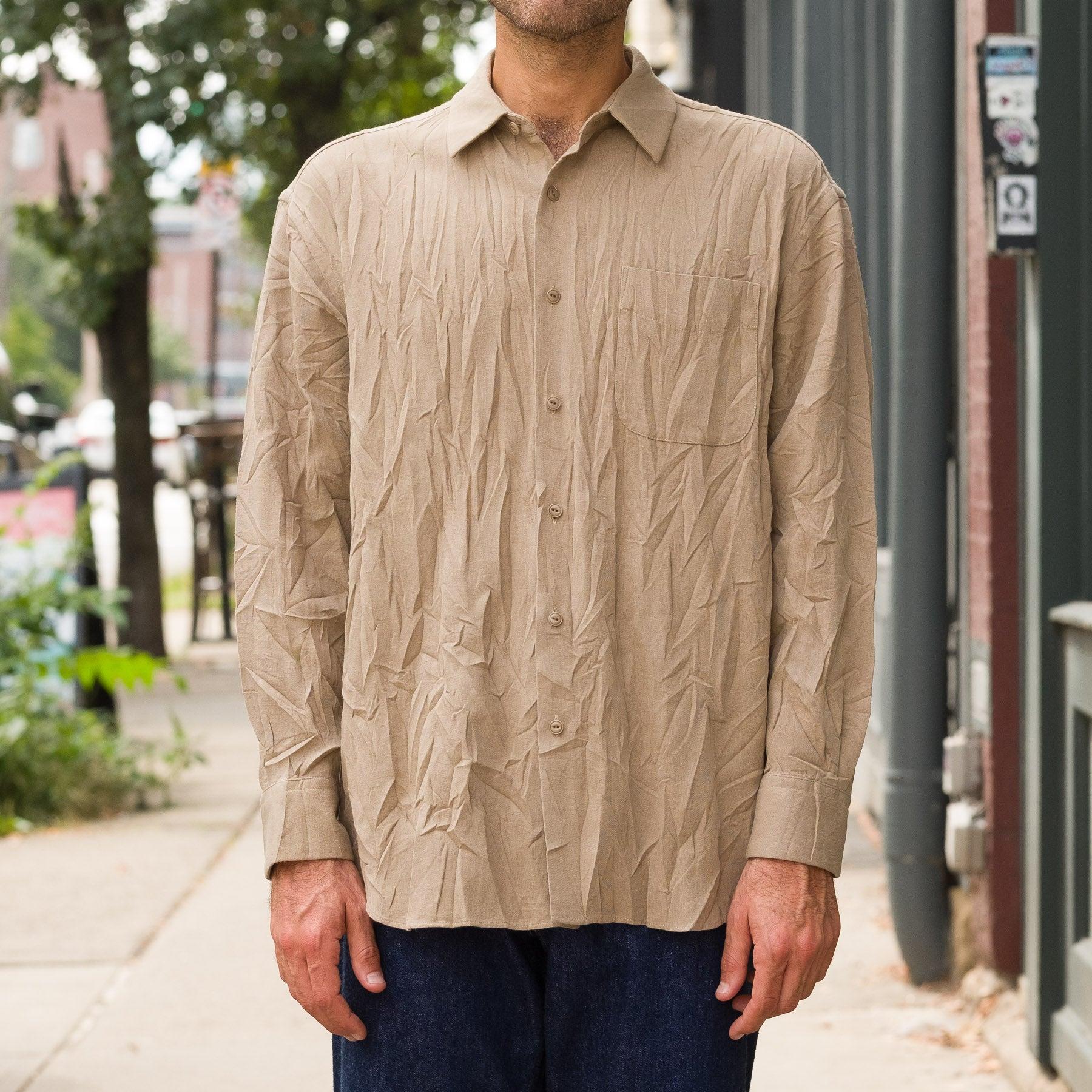 Regular Collar Shirt Gabardine Pleat in Beige