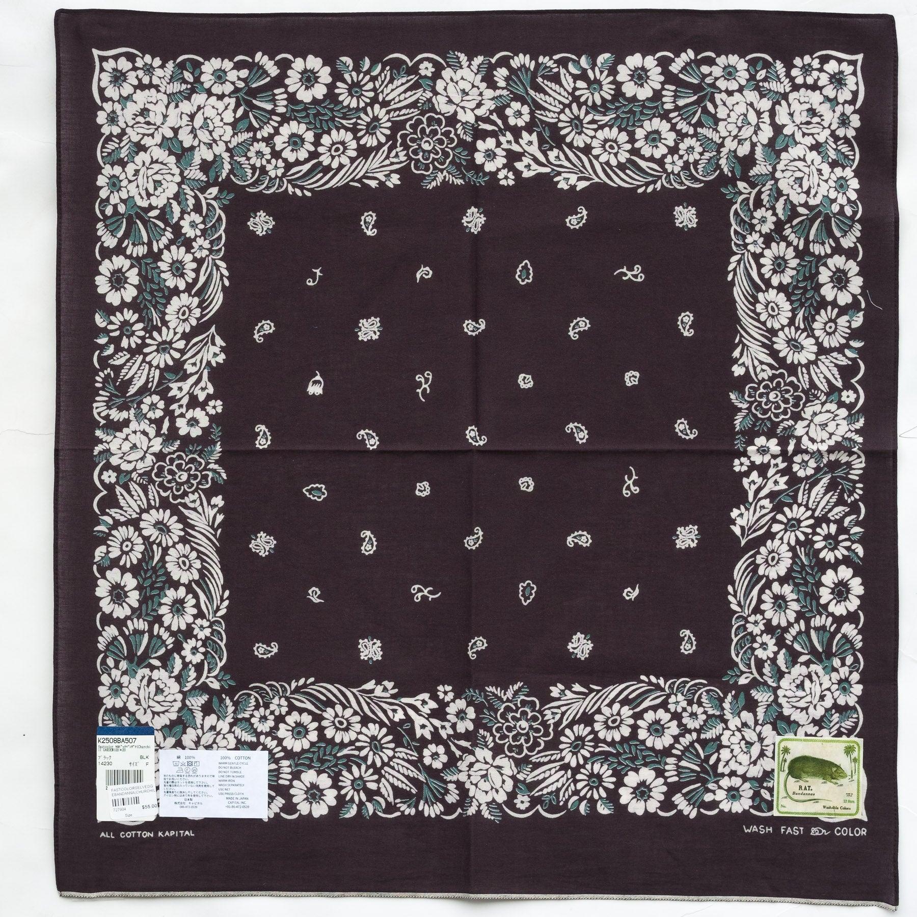 Fastcolor Selvedge Bandanna (CHURCHILL GARDEN) 20X20 in Black