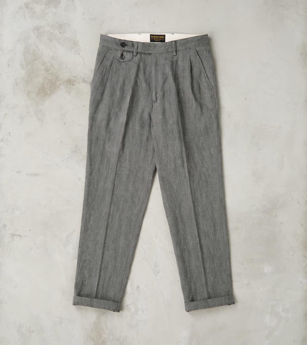 Enfield 055 Trouser - Pleated Tapered - Grey Cotton Linen Herringbone Twill