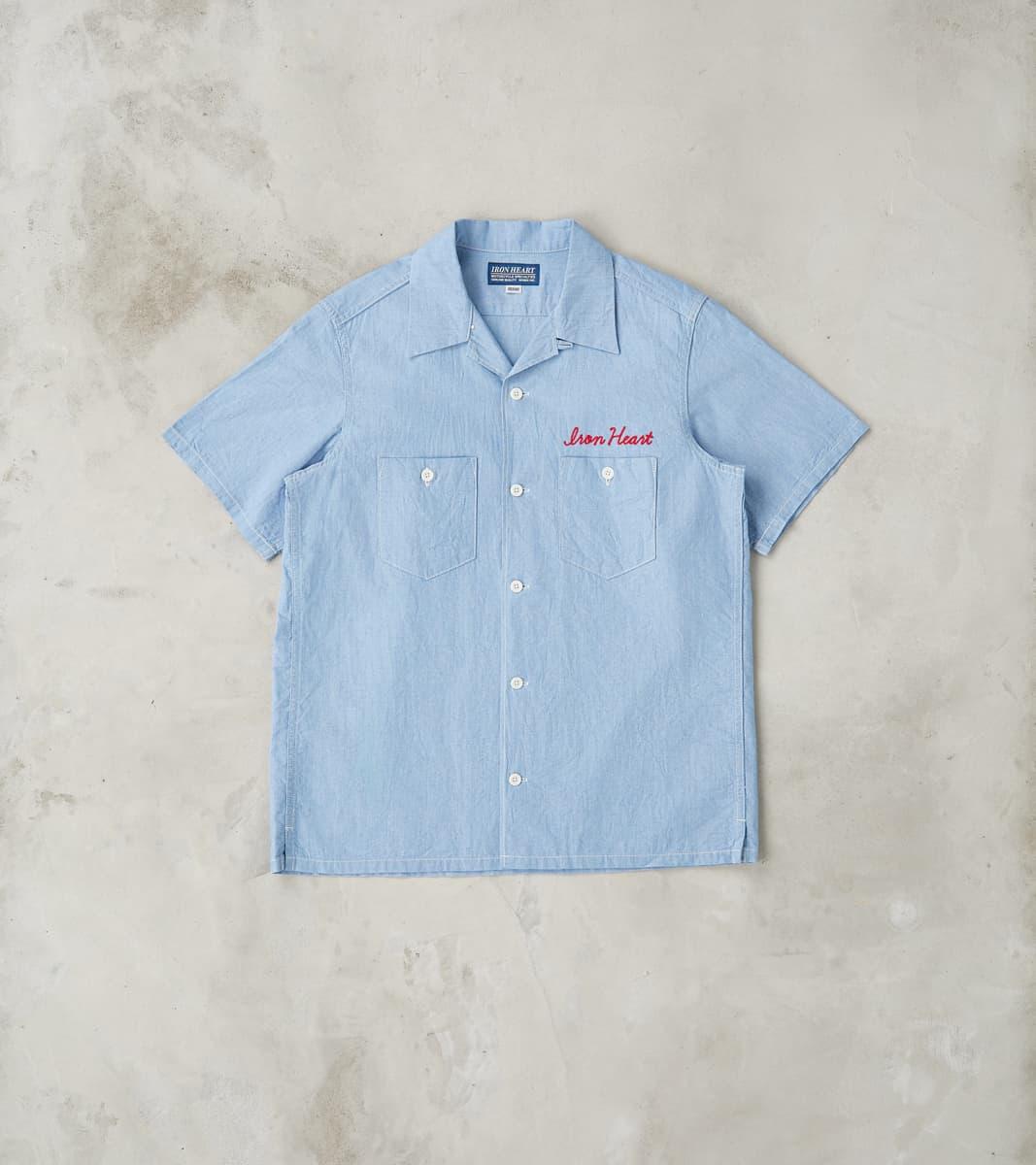 447-SAX - Open Collar Short Sleeve Shirt - 5oz Sax Blue Cotton Linen