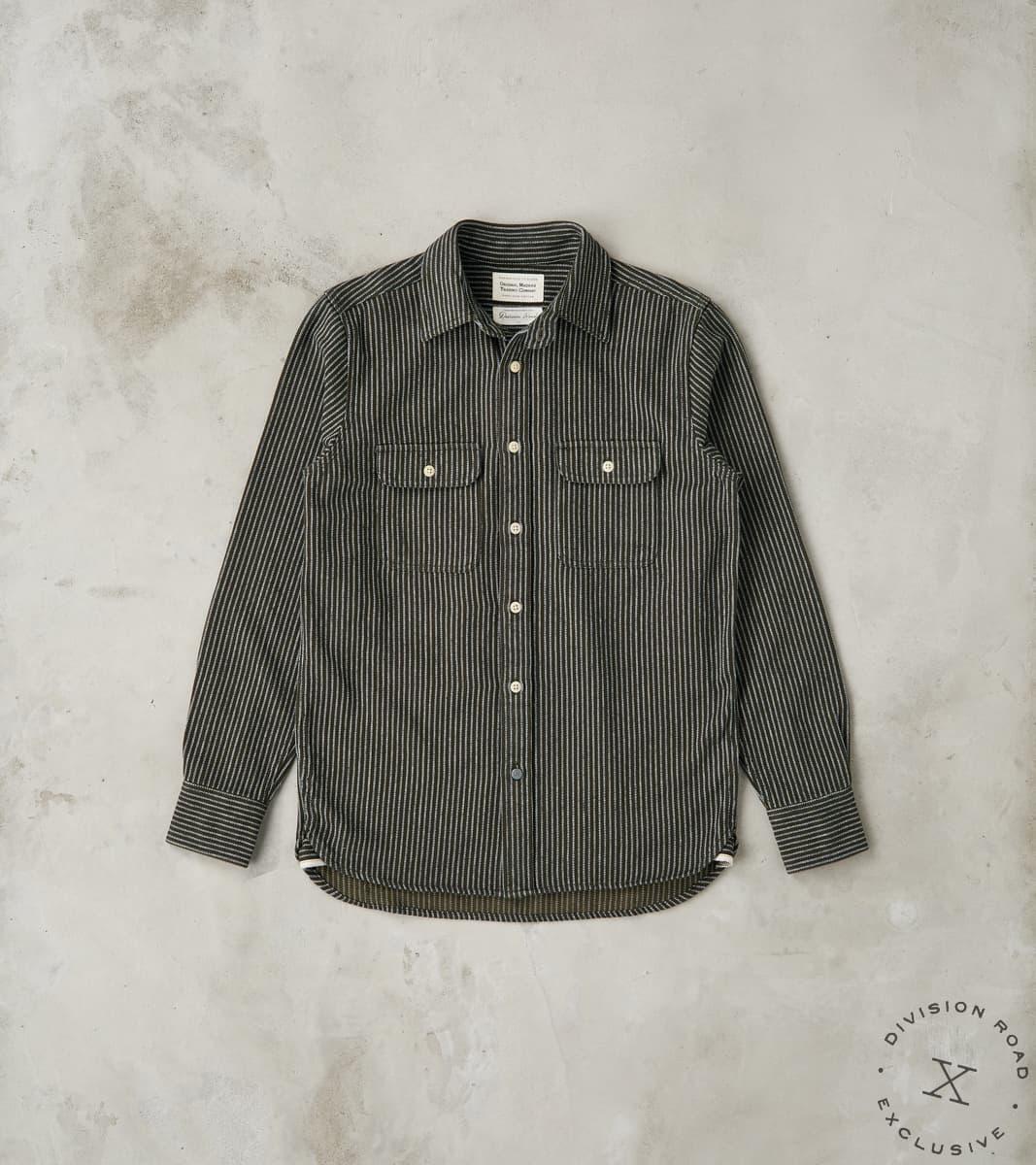 No.248 DR Field Pocket Utility Shirt - Handwoven Selvedge 10oz Twill Dobby Weave Denim - Olive Indigo Stripe
