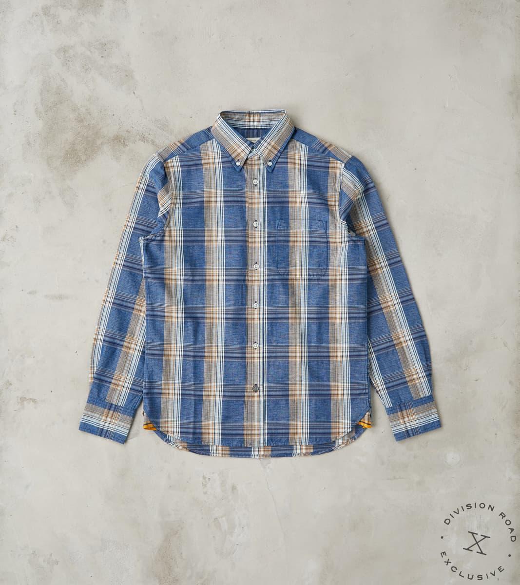 No.5 Classic Button Down - Handwoven Natural Dye & Raw Yarn Selvedge Stout Weave - Tan Blue Check