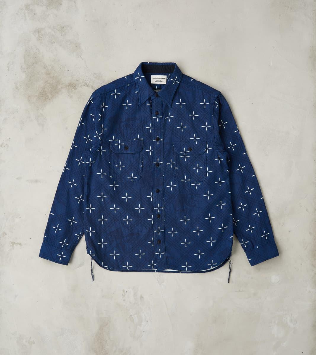 SSS25-02W Indigo Dyed Narihirabishi Goldfish Jacquard Work Shirt