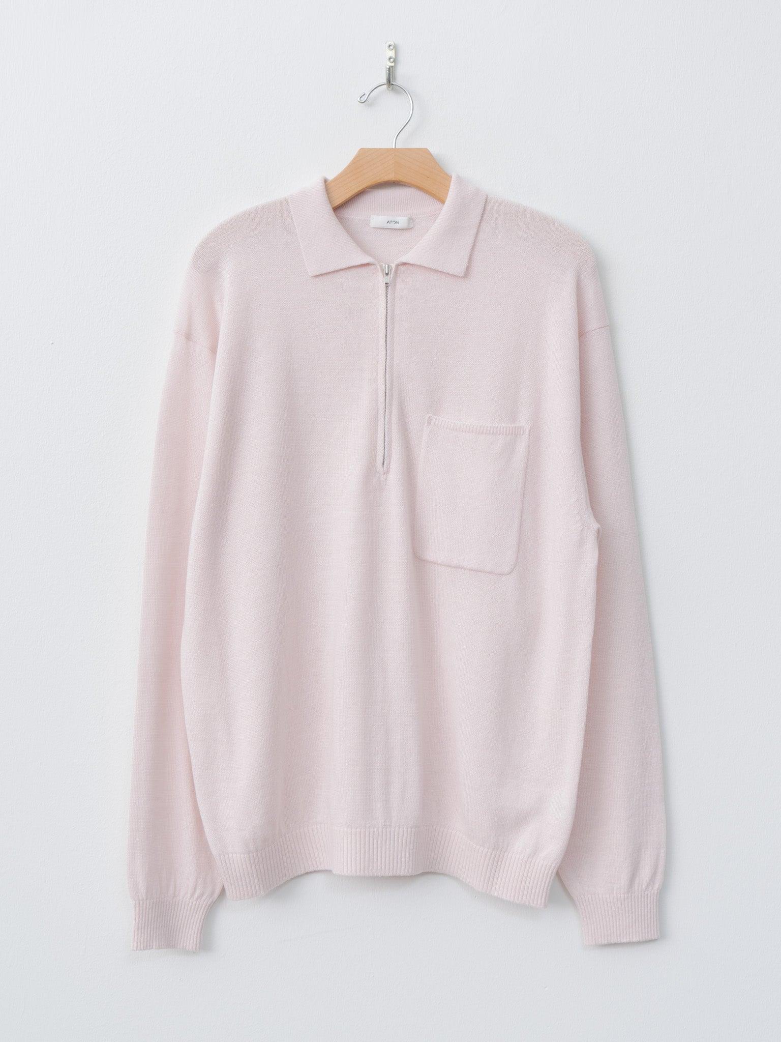 Linen Wool Brushed Zip Up Polo Sweater - Pink
