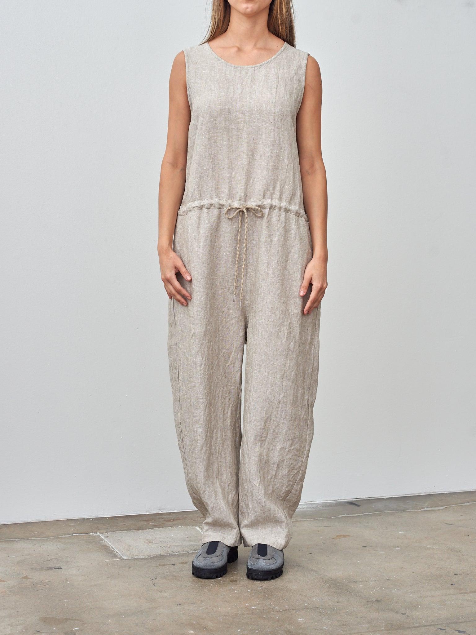 Linen Canvas Sleeveless Jumpsuit - Natural