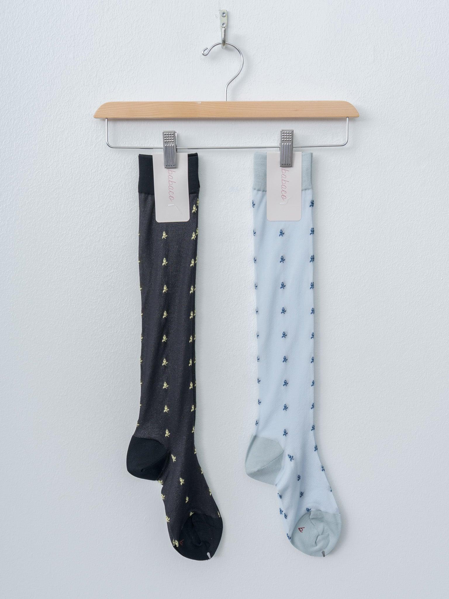 Tiny Flower Sheer Knee High Socks - Black, Light Blue