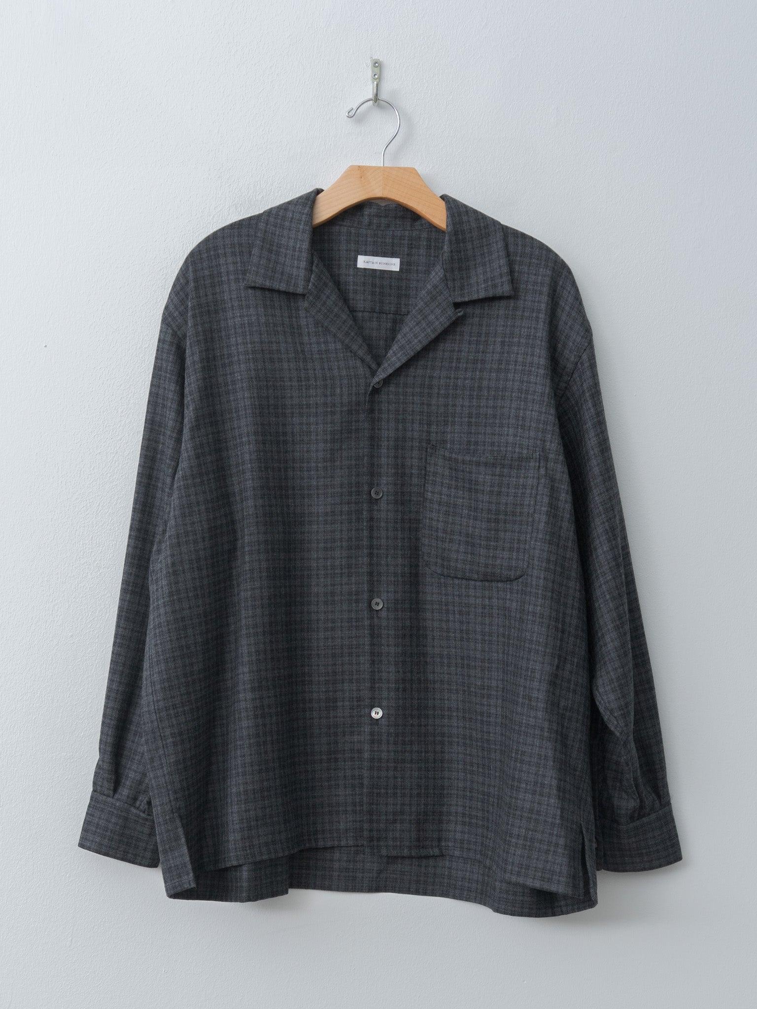 Wool Plaid Open Collar Shirt - Charcoal