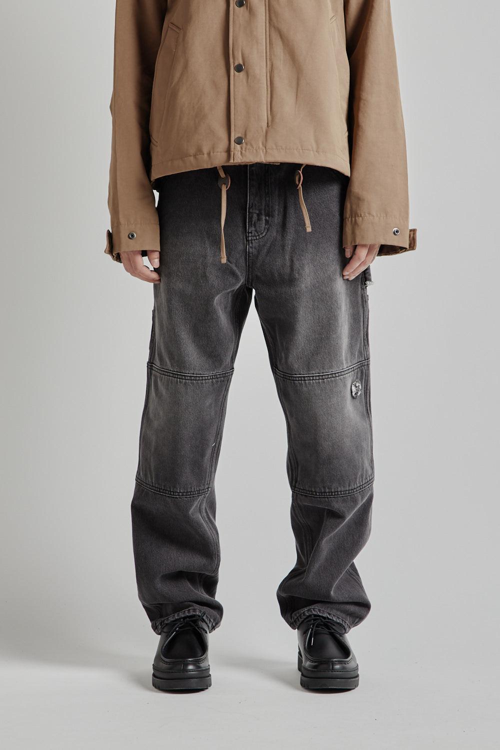 Washed Denim Double Knee Pants - Washed Black