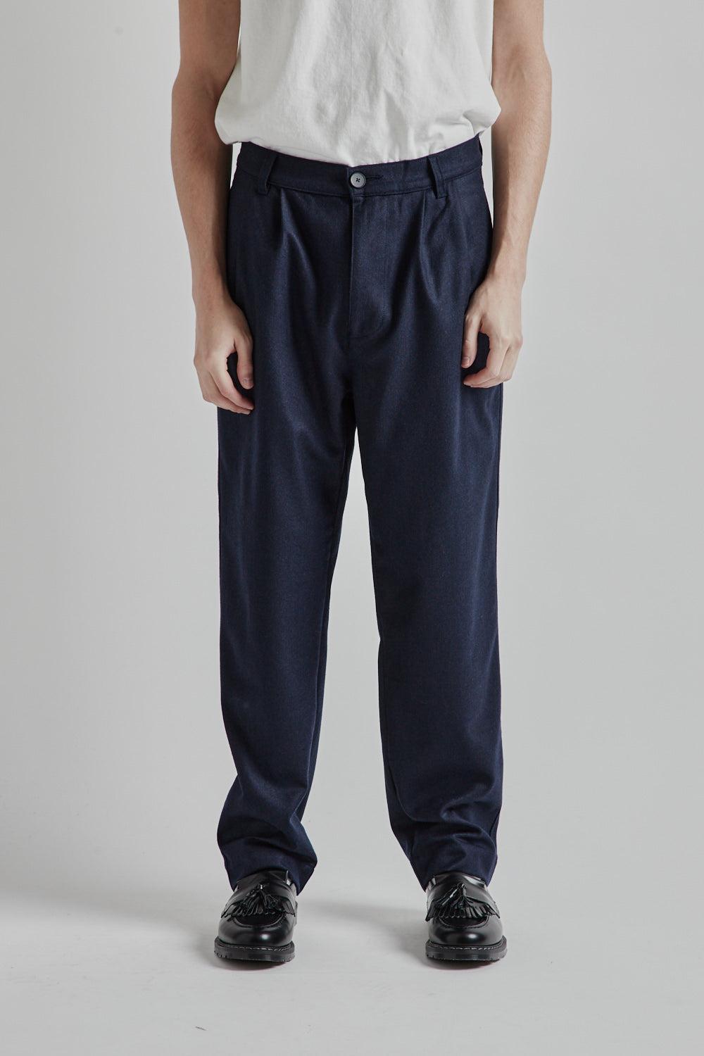 Double Pleats Wool Pants - Navy