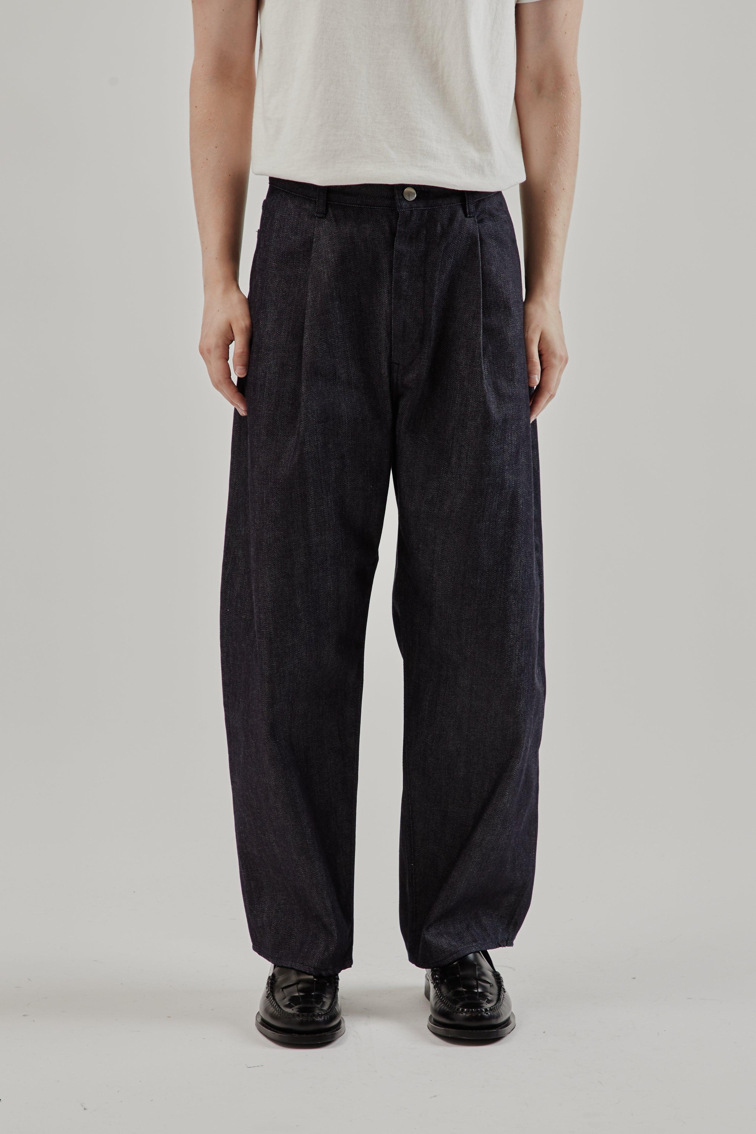 Deep Tuck Wide Denim Pants - Navy