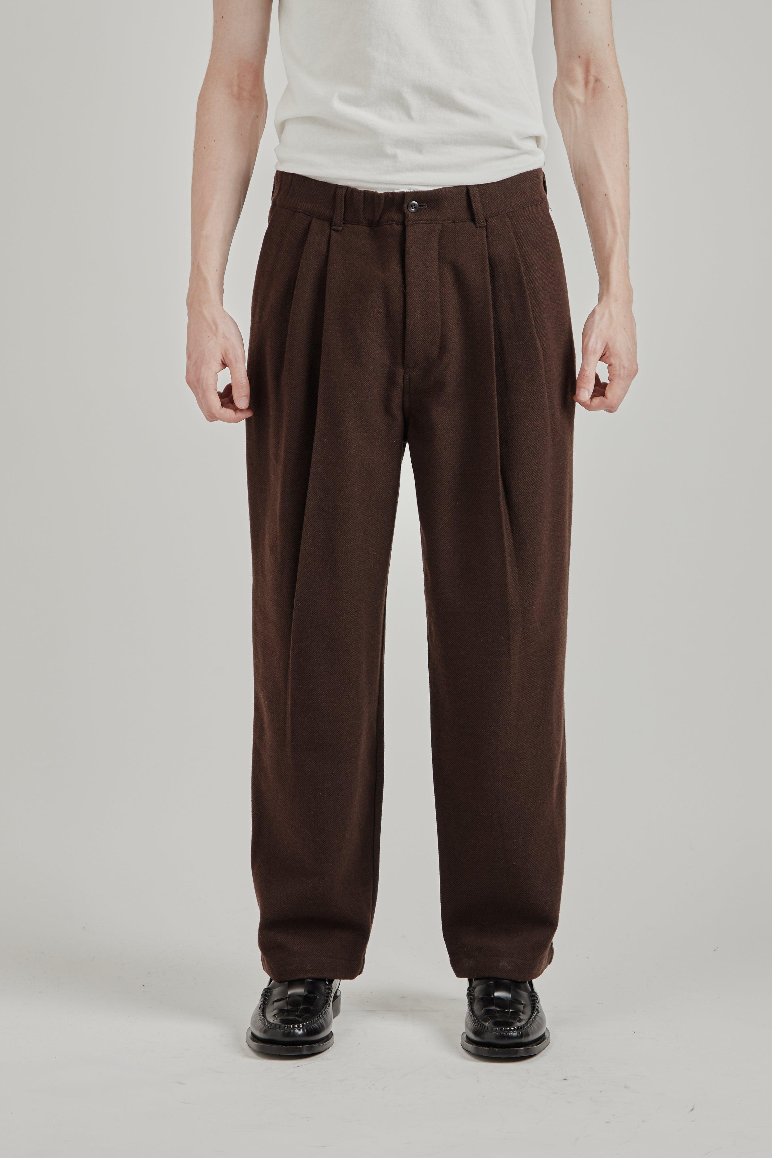 Wool Mixed Deep Tuck Pants - Dark Brown