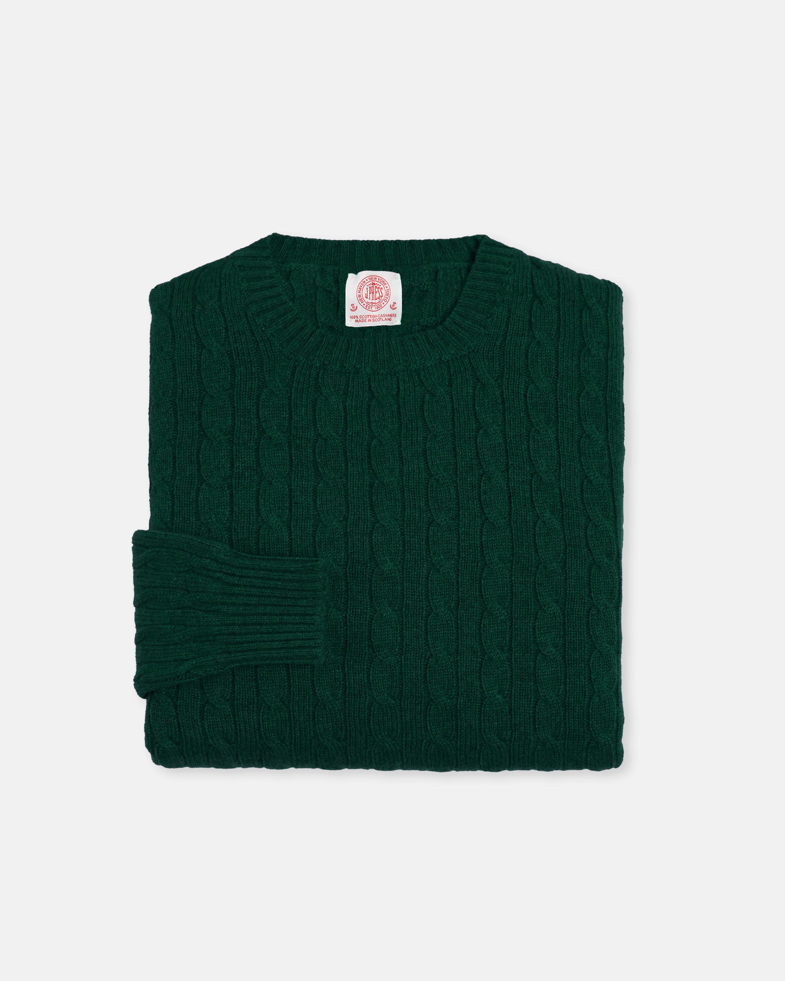 Made-in-Scotland Dark Green Cashmere Cableknit Sweater