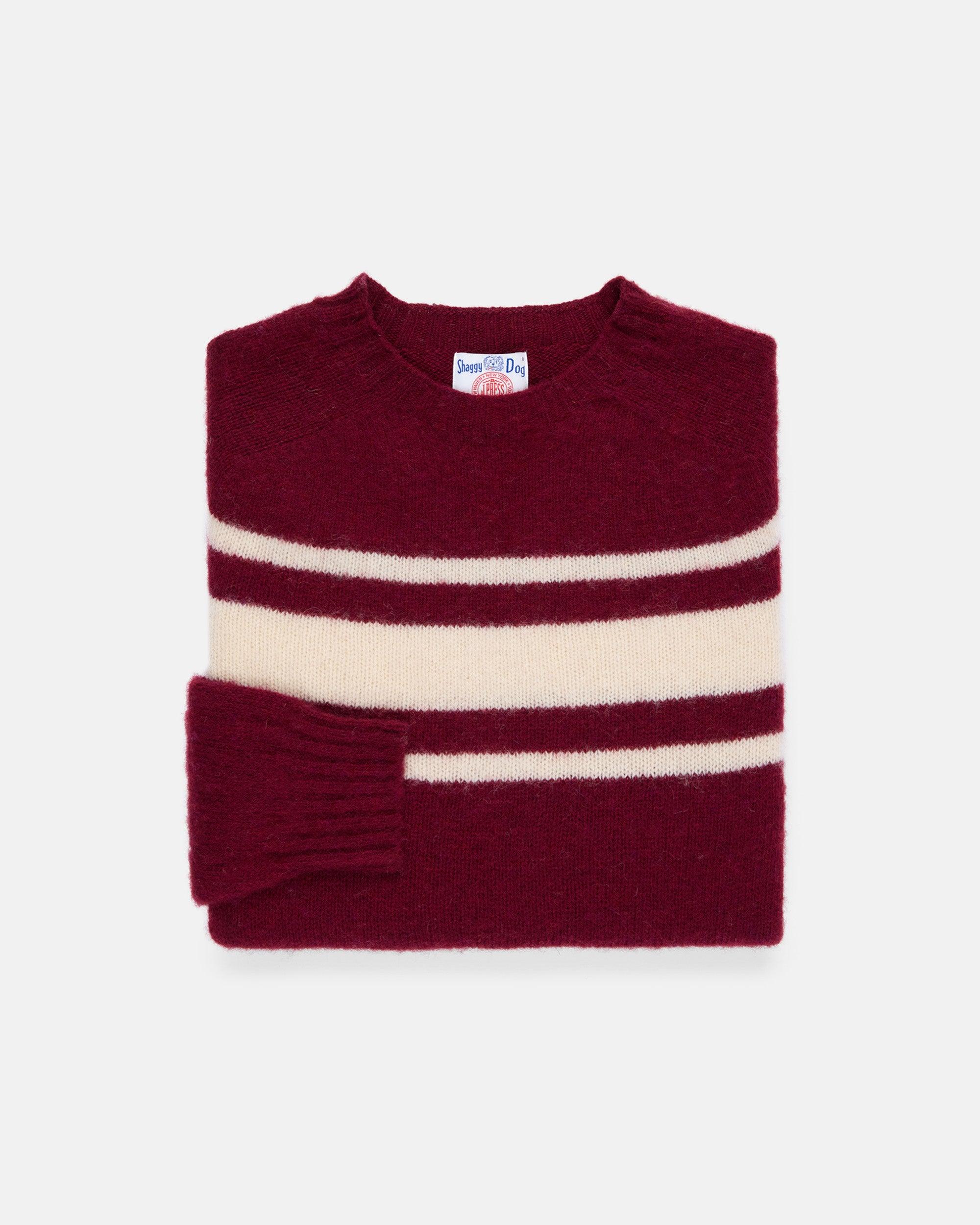 Made-in-Scotland Burgundy Chest Stripe Shaggy Dog Sweater - Trim Fit