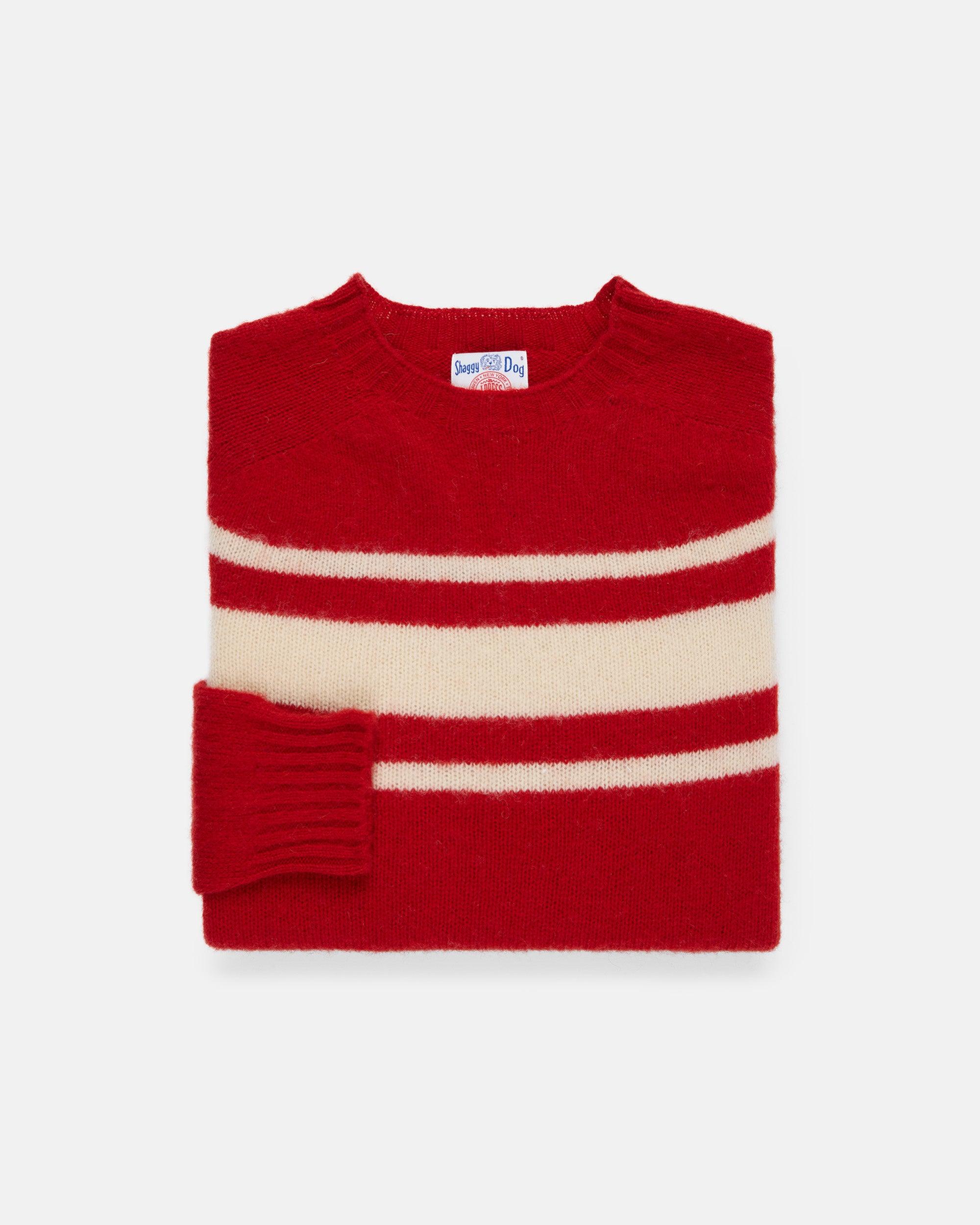 Made-in-Scotland Red Chest Stripe Shaggy Dog Sweater - Trim Fit