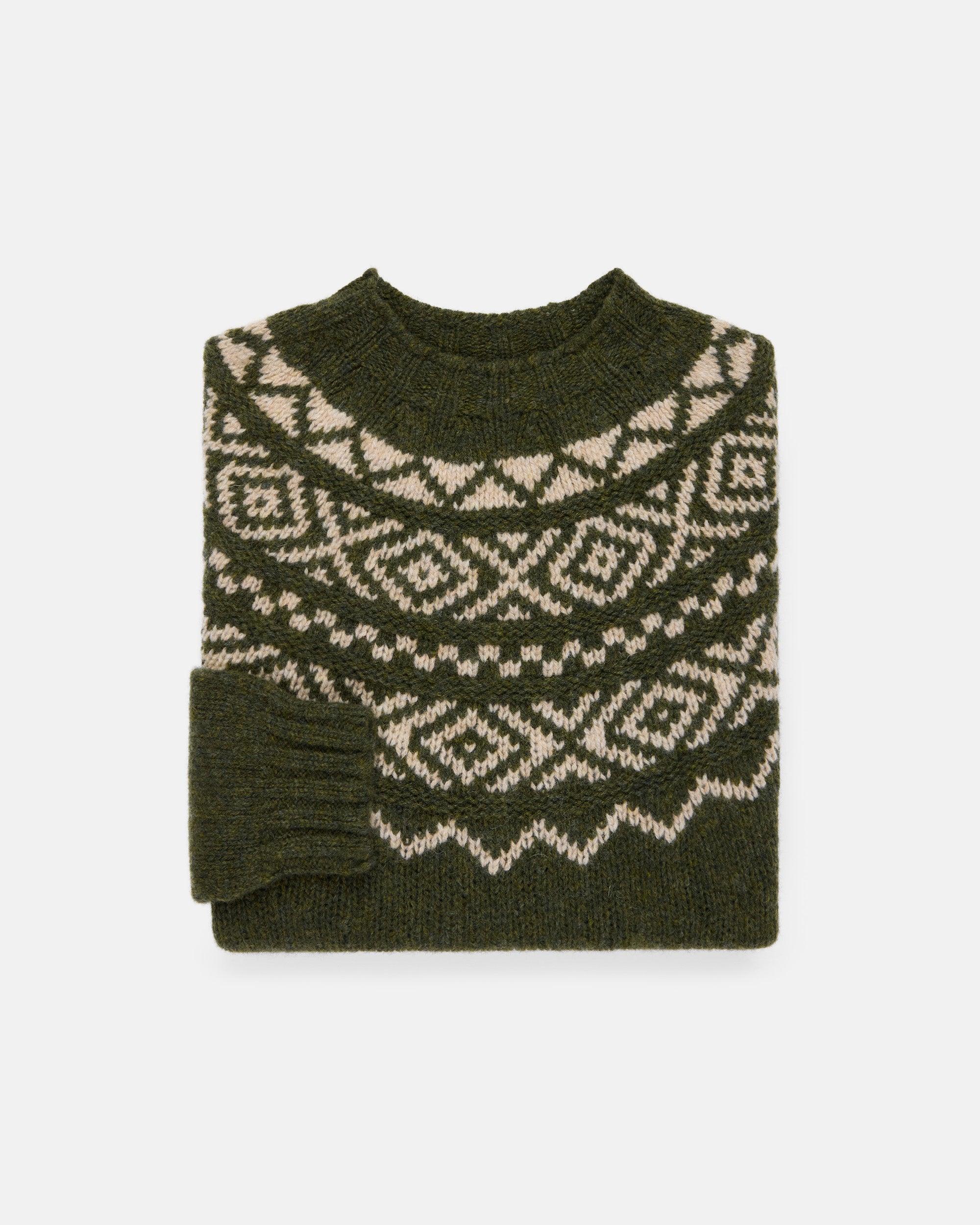 Made-in-Scotland Green & White Heavy Yoke Fair Isle Crew Neck Sweater