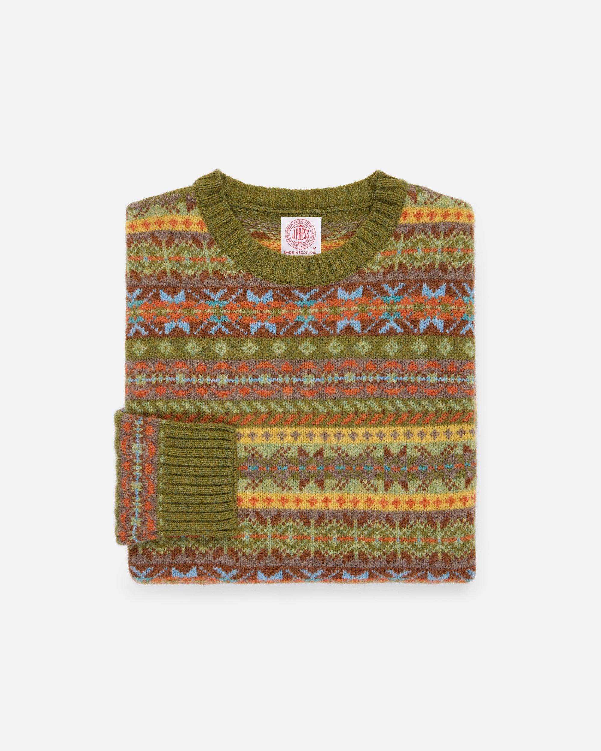 Made-in-Scotland Light Green Fair Isle Crew Neck Sweater - Trim Fit