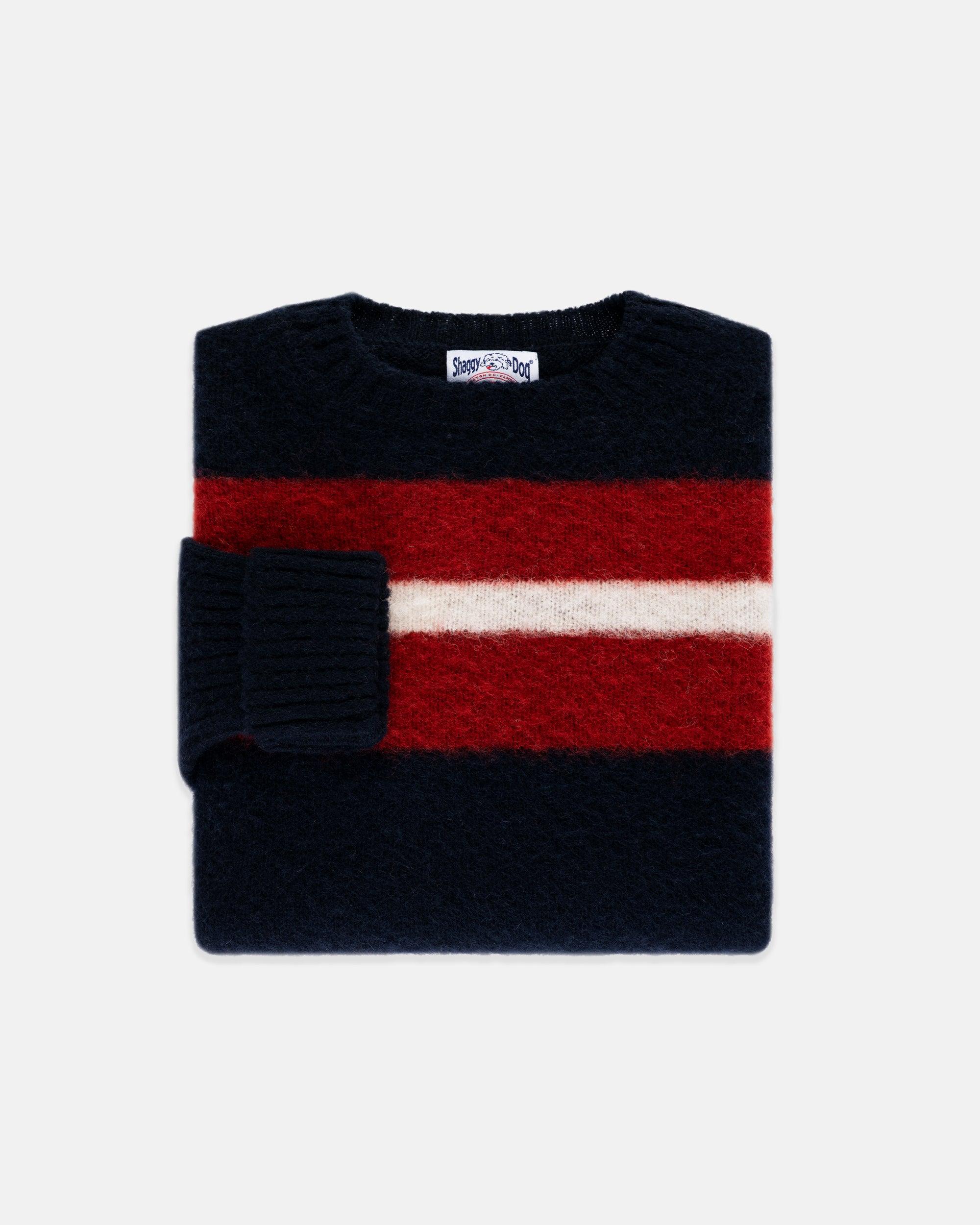 Made-in-Scotland Navy, Crimson & White Shaggy Dog Frame Stripe Sweater - Classic Fit