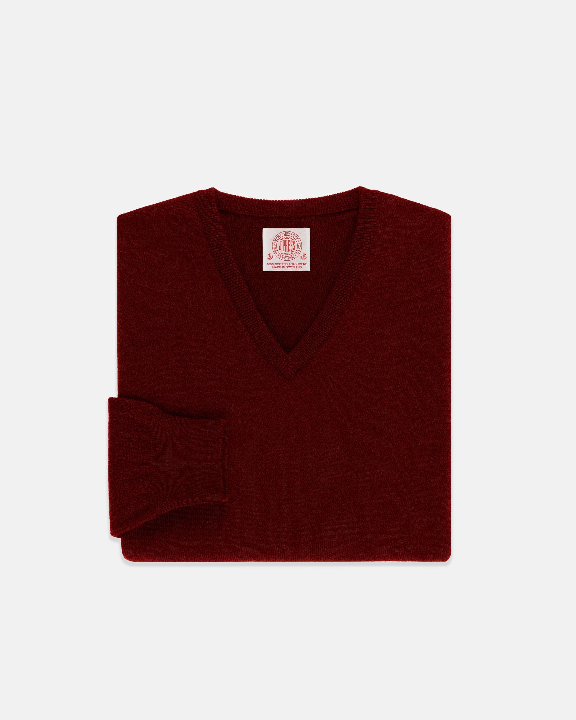 Made-in-Scotland Burgundy Cashmere V-neck Sweater