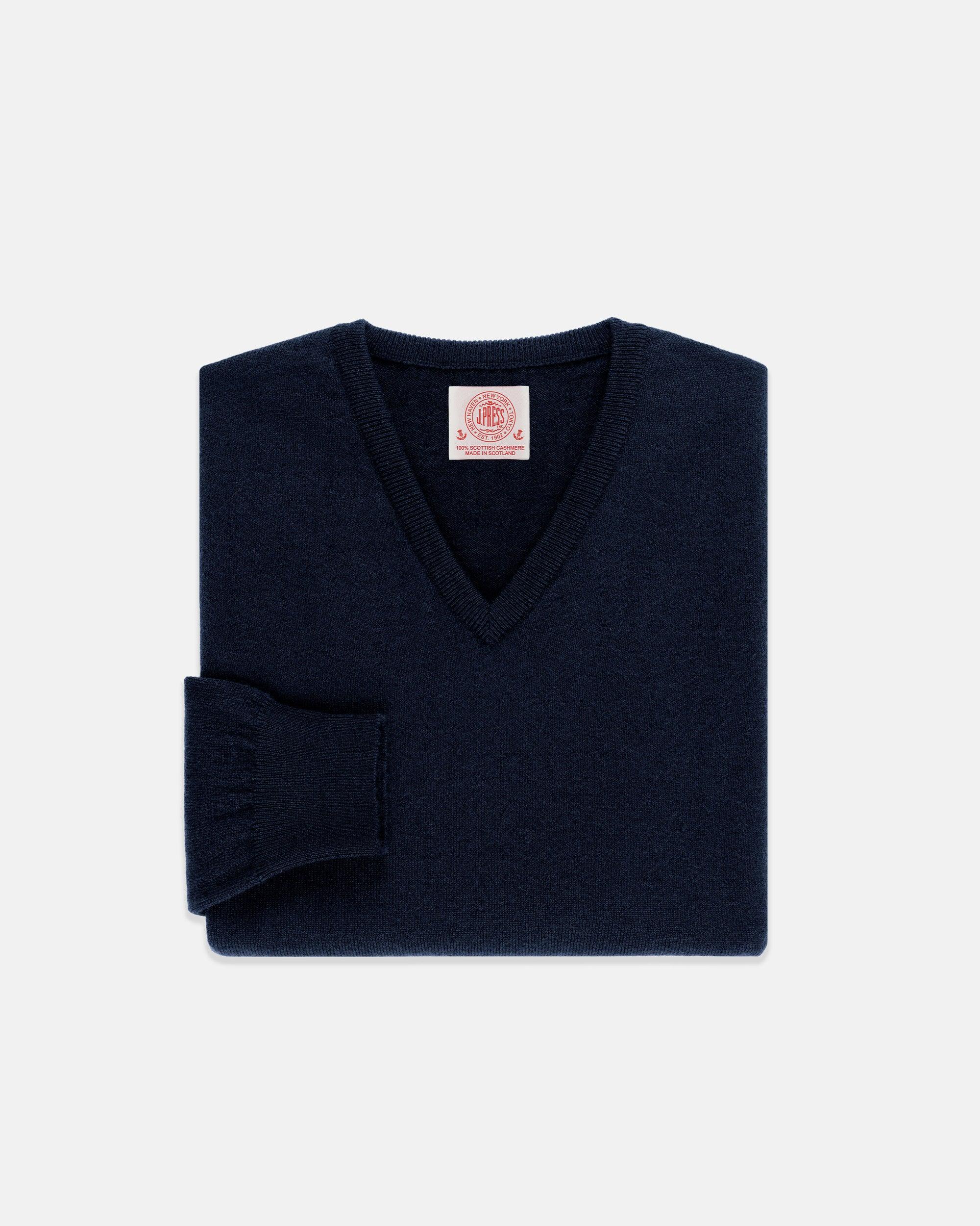 Made-in-Scotland Navy Cashmere V-neck Sweater
