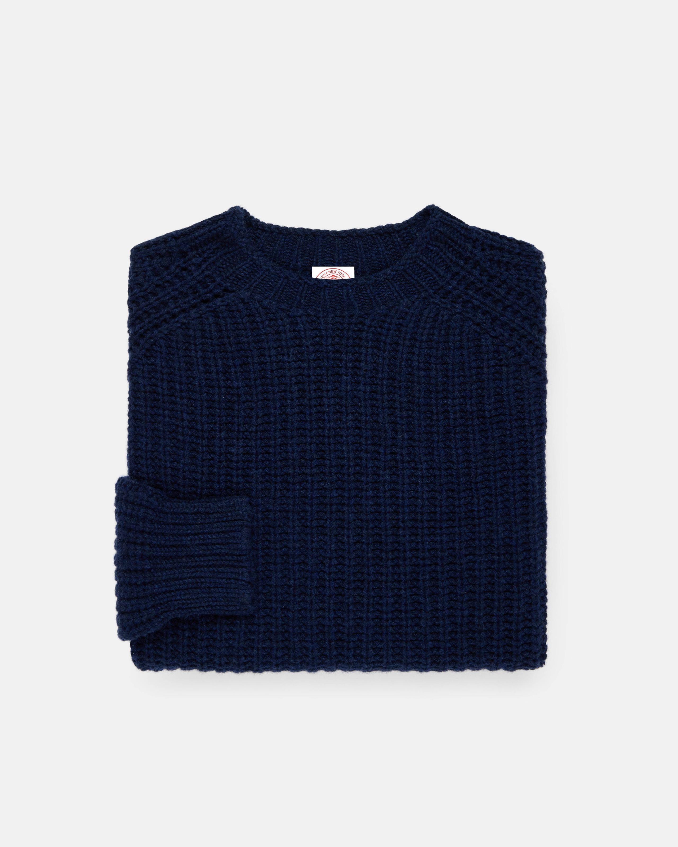 Made-in-Scotland Navy Lambswool Shaker Stitch Crew Neck Sweater