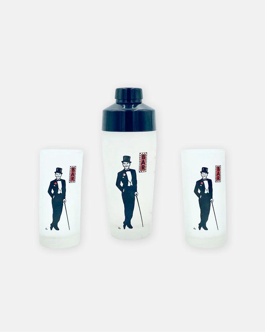 Vintage Cocktail Set Shaker & Pair Glasses with Gentleman in Top Hat & Tails